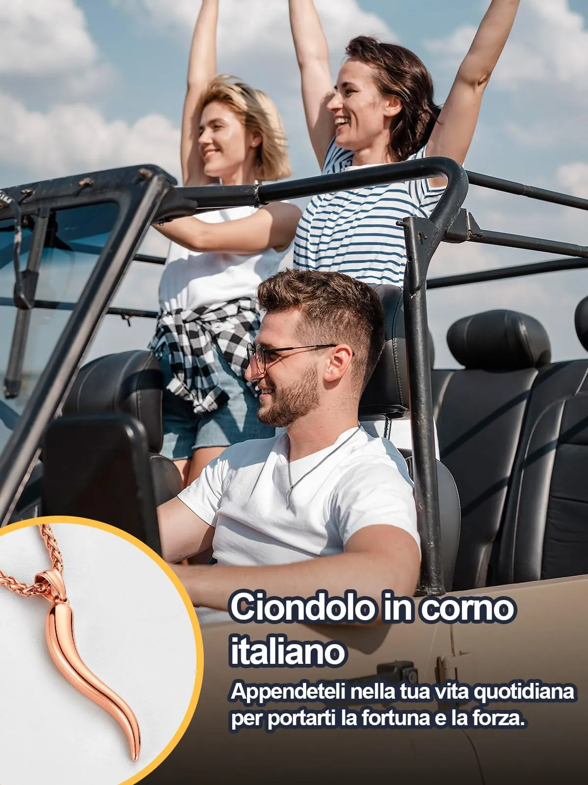 U7 Collana Uomo Portafortuna Corno Italiano Rosa 51mm Acciaio Inossidabile - immagine 4