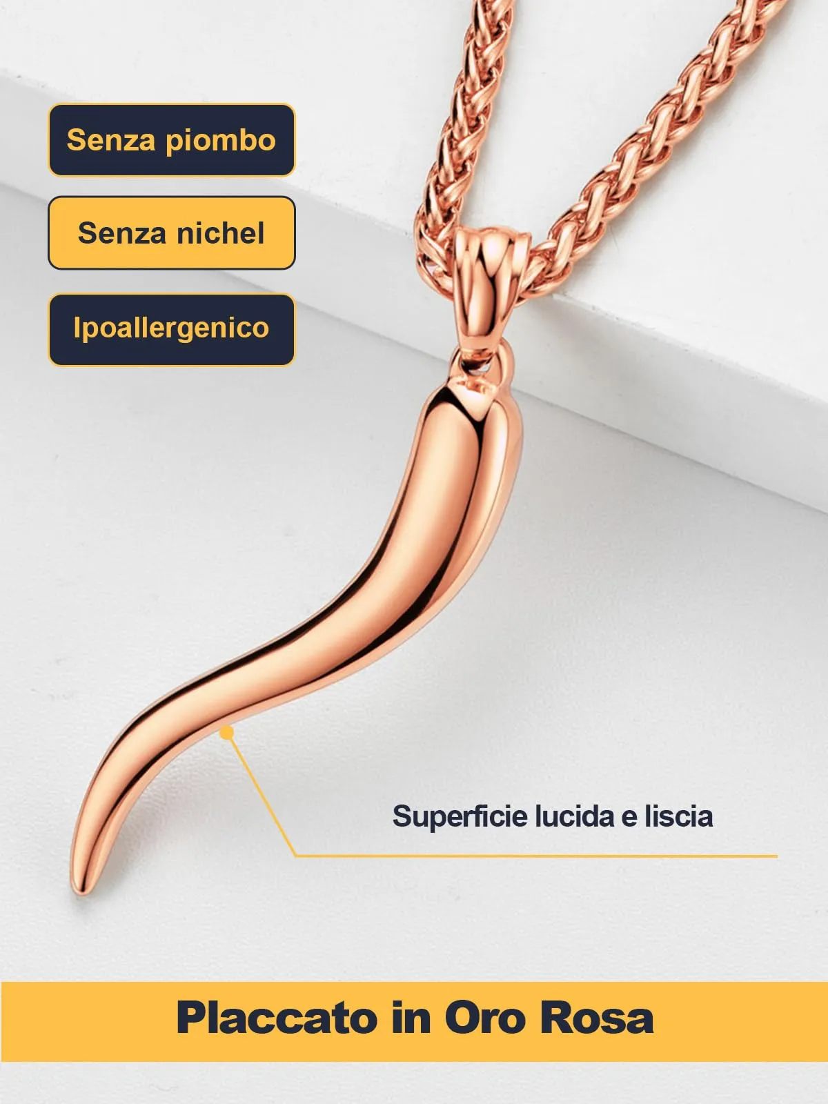 U7 Collana Uomo Portafortuna Corno Italiano Rosa 51mm Acciaio Inossidabile - immagine 5