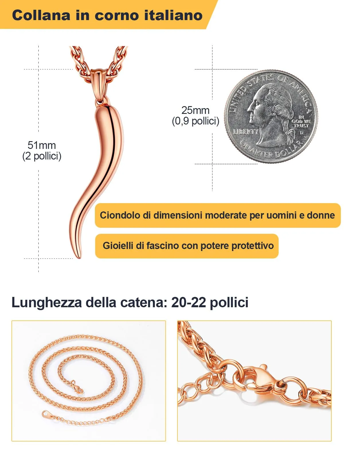 U7 Collana Uomo Portafortuna Corno Italiano Rosa 51mm Acciaio Inossidabile - immagine 6