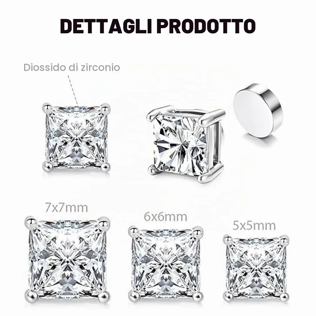 XOUDKE 3 Paia di Orecchini Magnetici in Acciaio Inossidabile per Uomo Donna Orecchini, Quadrati CZ Intarsiati Orecchini Magnetici Non-piercing CZ Orecchini a Bottone,argento, 5-7mm - immagine 2