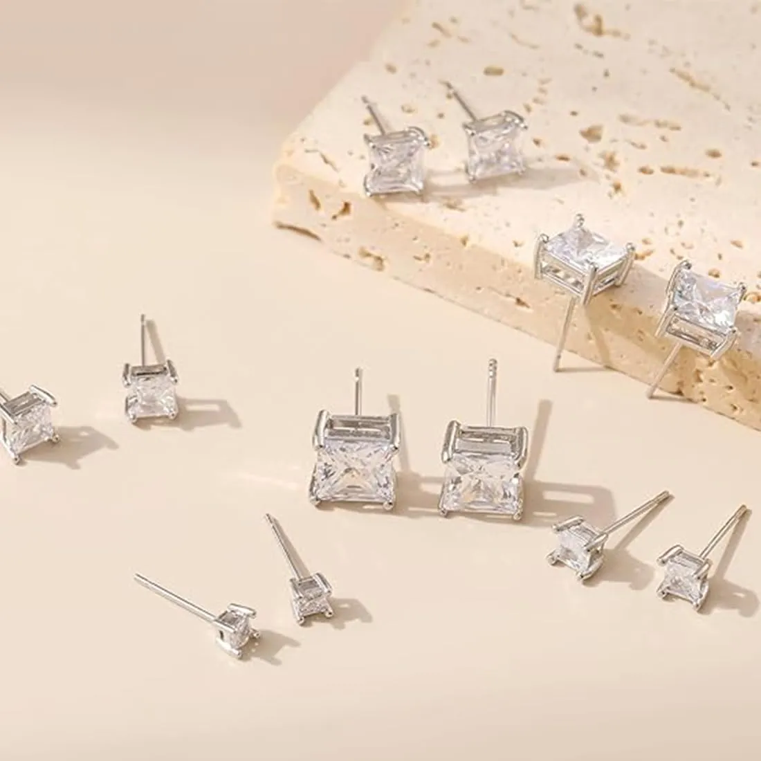 XOUDKE 3 Paia di Orecchini Magnetici in Acciaio Inossidabile per Uomo Donna Orecchini, Quadrati CZ Intarsiati Orecchini Magnetici Non-piercing CZ Orecchini a Bottone,argento, 5-7mm - immagine 3