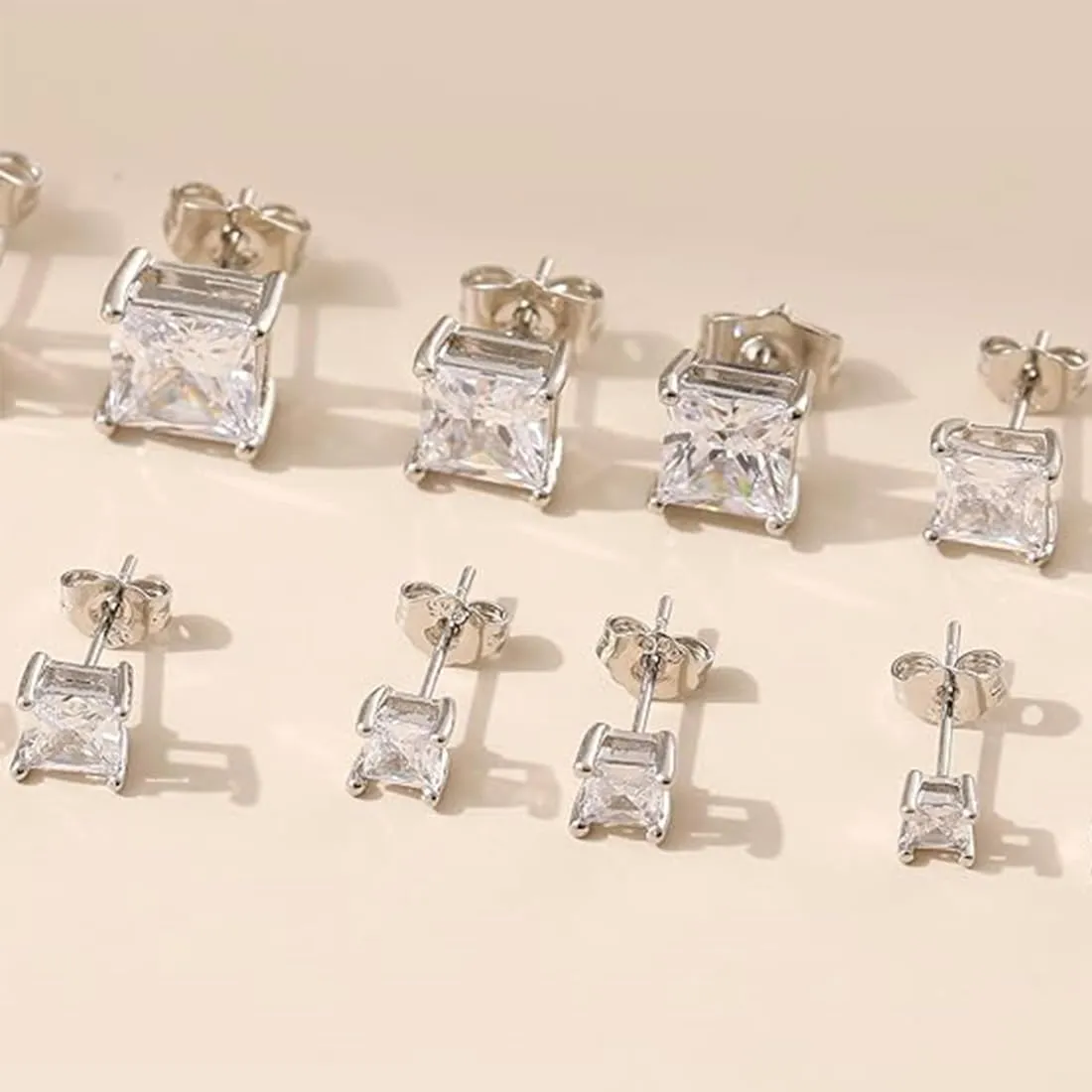 XOUDKE 3 Paia di Orecchini Magnetici in Acciaio Inossidabile per Uomo Donna Orecchini, Quadrati CZ Intarsiati Orecchini Magnetici Non-piercing CZ Orecchini a Bottone,argento, 5-7mm - immagine 4