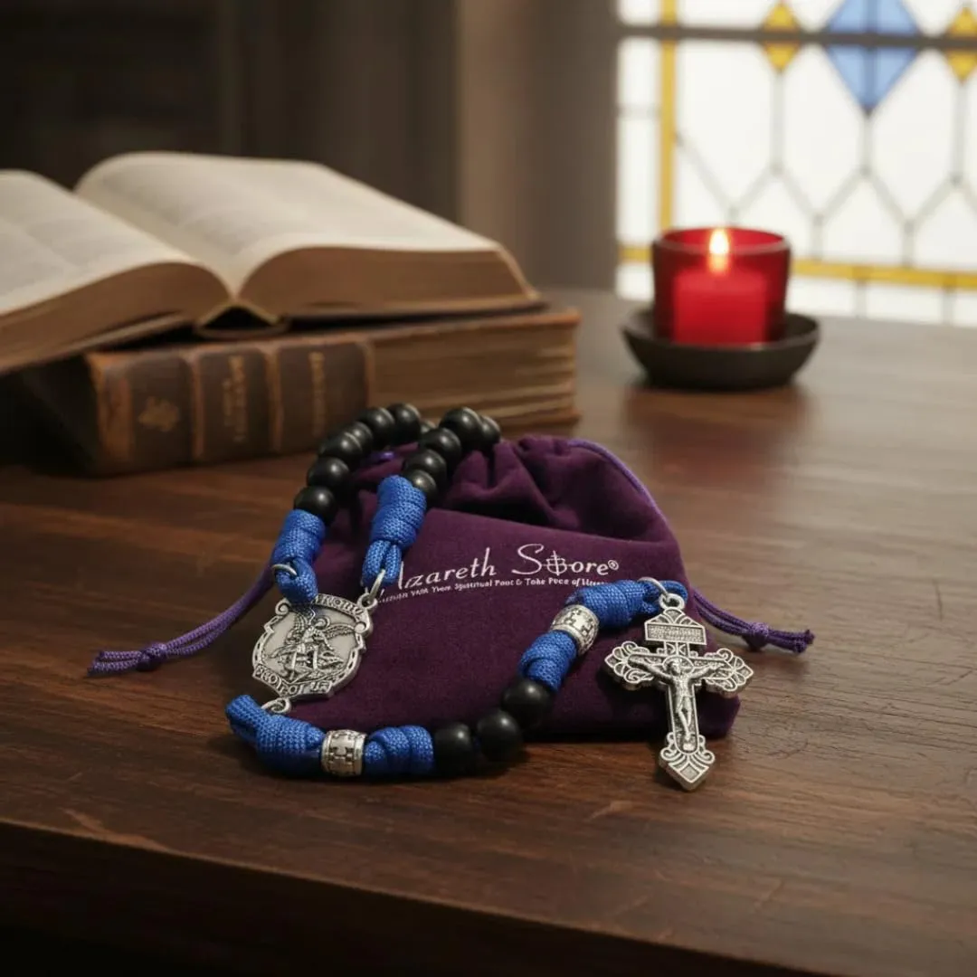 Nazareth Store Rosario in paracord di San Michele collana rosario robusta con cordoncino resistente e crocifisso cattolico del Perdono (Blu) - immagine 7