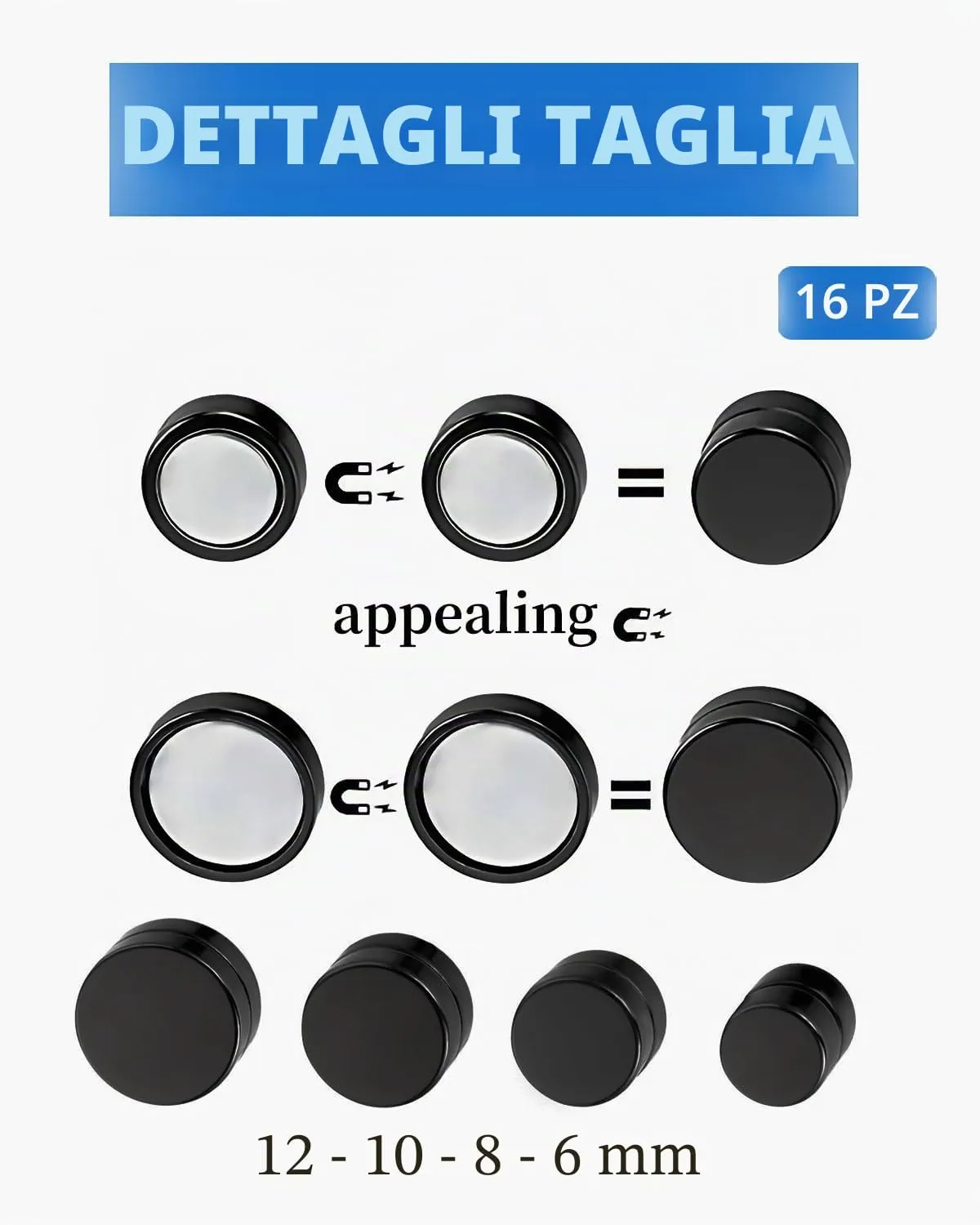 ZAMXHUG Orecchini Finti Uomo - 4 Paia Orecchini Magnetici in Acciaio Inossidabile per Uomo Donna Unisex Orecchini a Bottone Rotondo Non-Piercing Orecchini Calamita Hip Hop Nero Tono Argento, 6-12MM - immagine 2