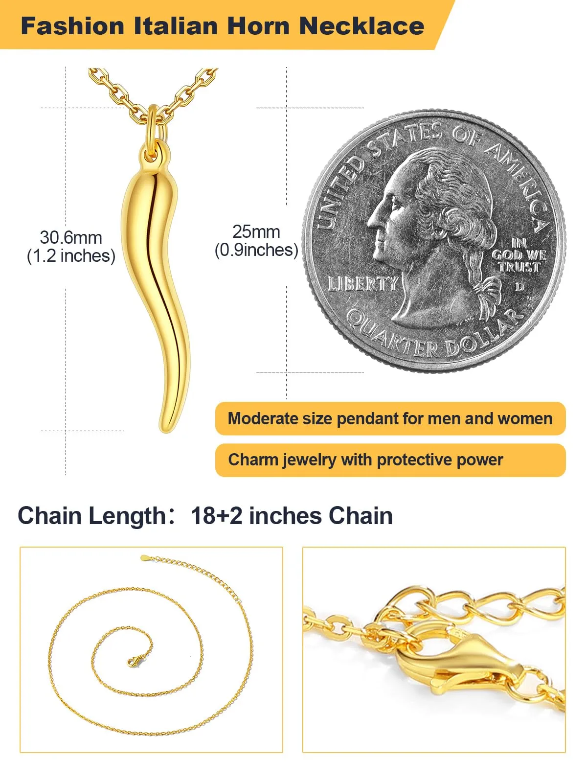 U7 Collana Uomo Portafortuna Corno Italiano Oro 31mm Acciaio Inossidabile - immagine 5
