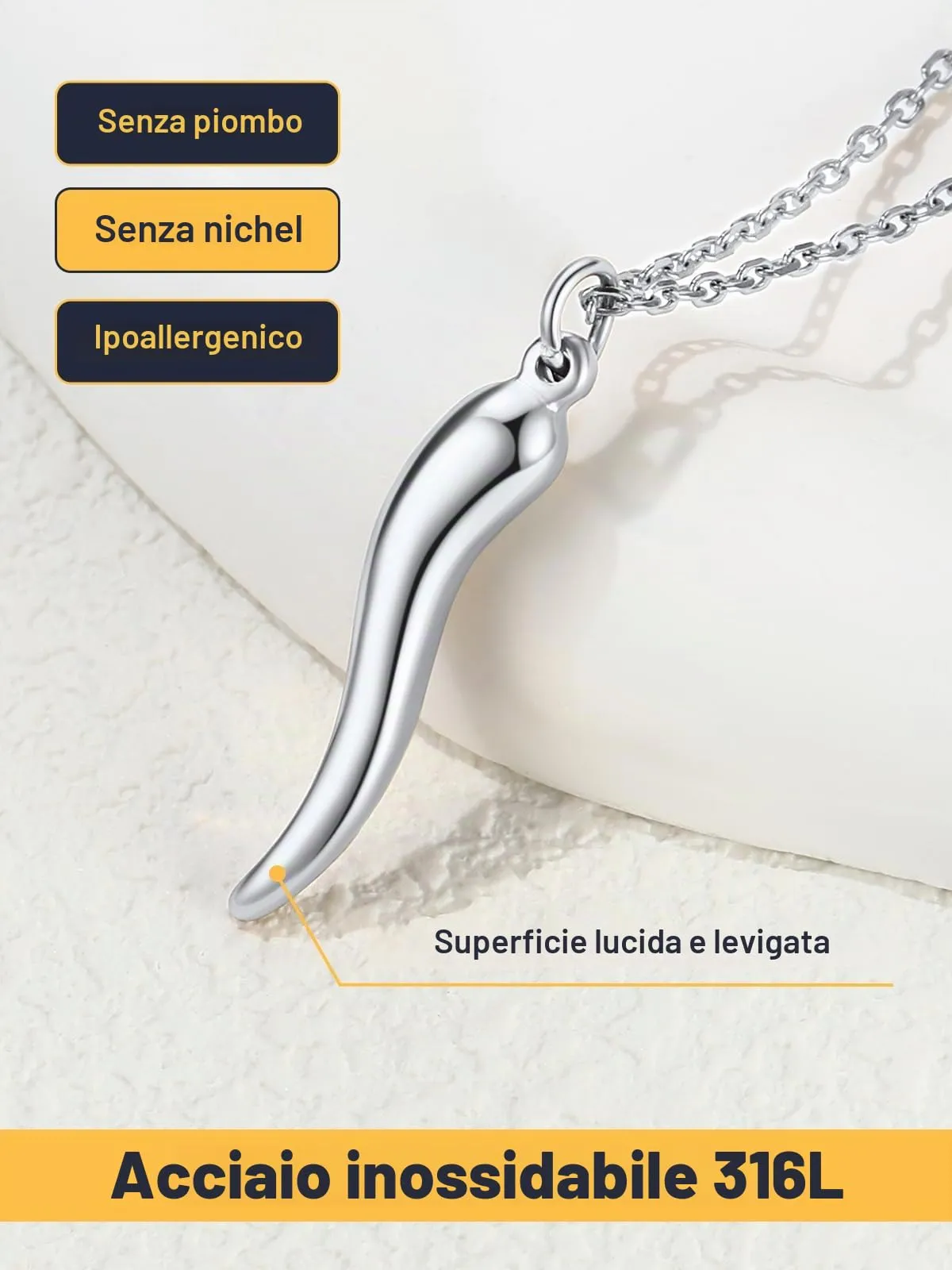 U7 Collana Uomo Portafortuna Corno Italiano 31mm Acciaio Inossidabile - immagine 4