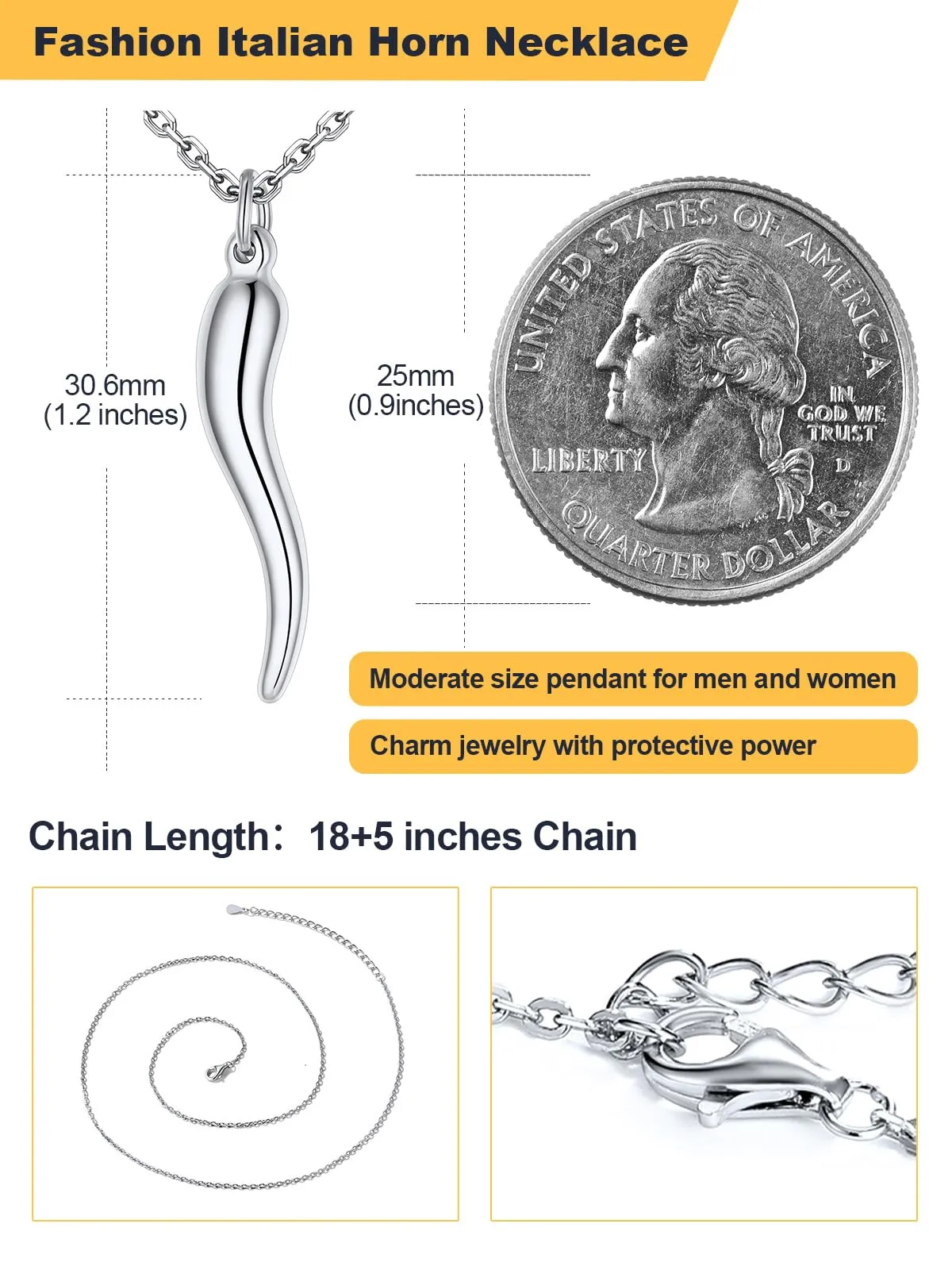 U7 Collana Uomo Portafortuna Corno Italiano 31mm Acciaio Inossidabile - immagine 5