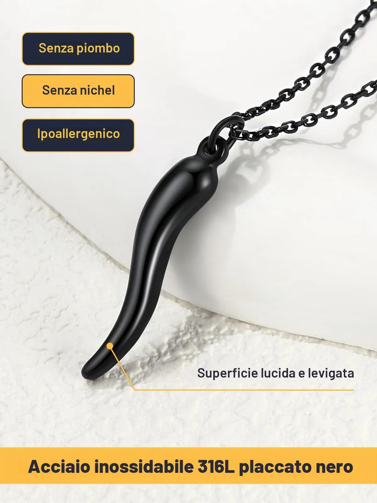 U7 Collana Uomo Portafortuna Corno Italiano Nero 31mm Acciaio Inossidabile - immagine 4