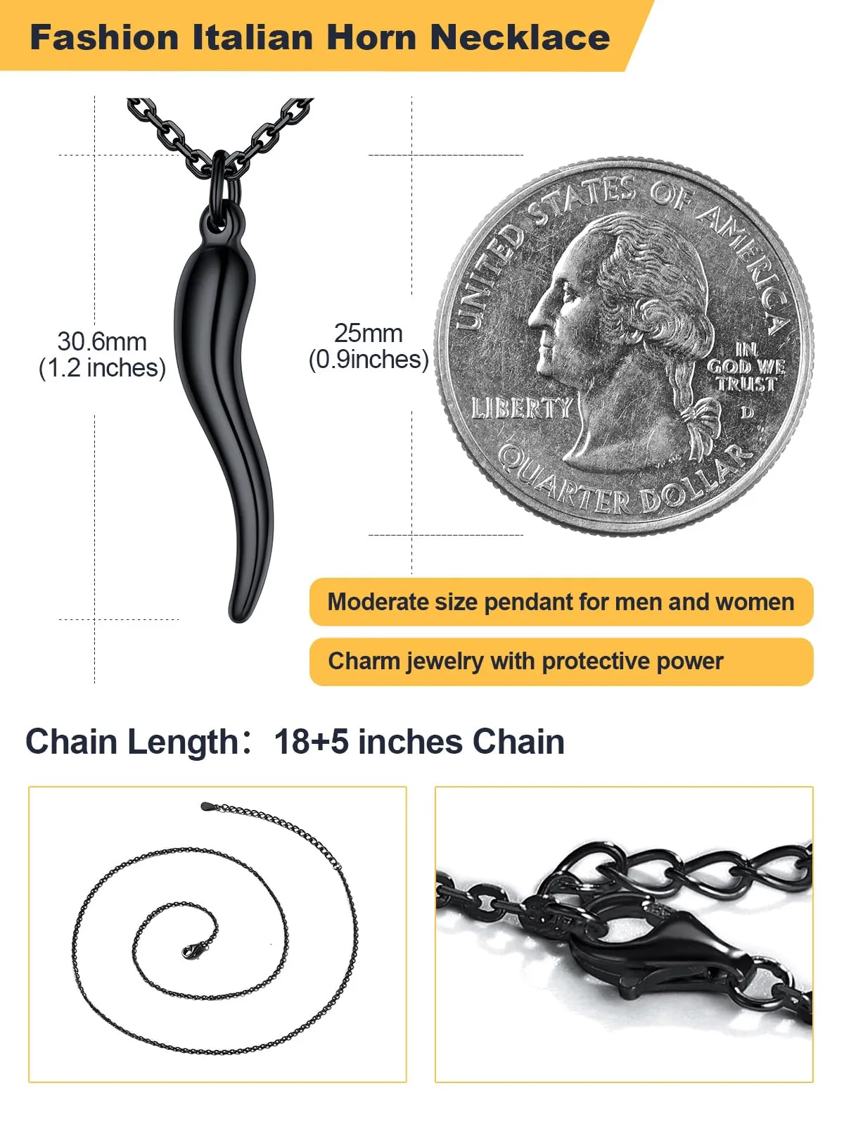 U7 Collana Uomo Portafortuna Corno Italiano Nero 31mm Acciaio Inossidabile - immagine 5