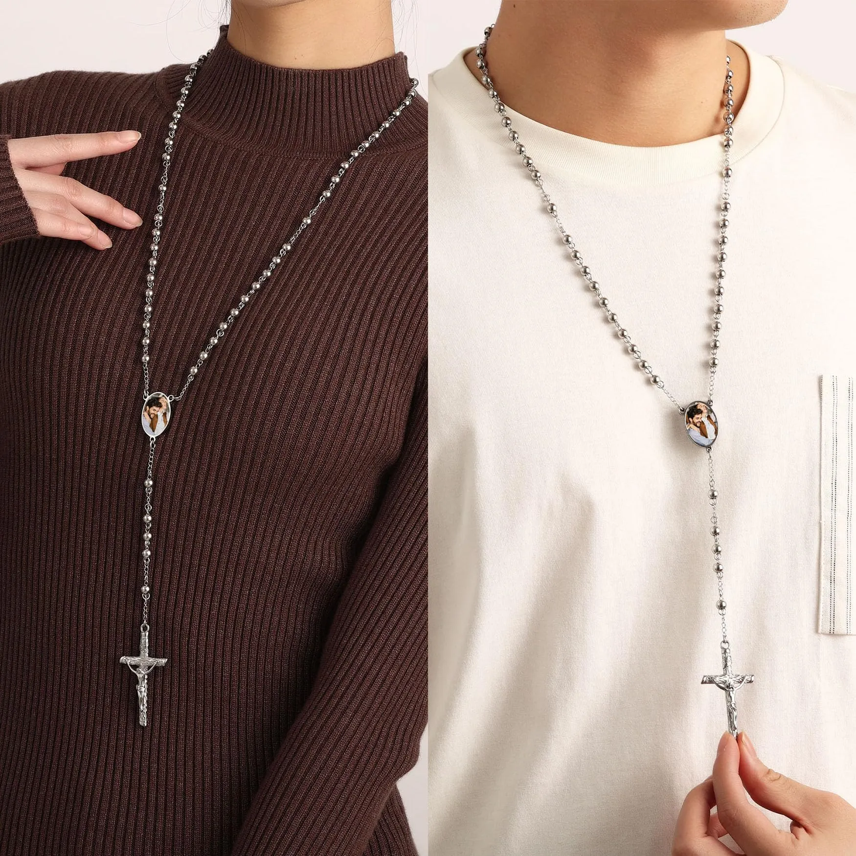 MMXX Collana Rosario Personalizzato con Foto Testo per Uomini Donne Collana Croce Cattolica Grani di Preghiera Cattolici Personalizzati Ciondolo Crocifisso Regali Religiosi - Argento - immagine 2