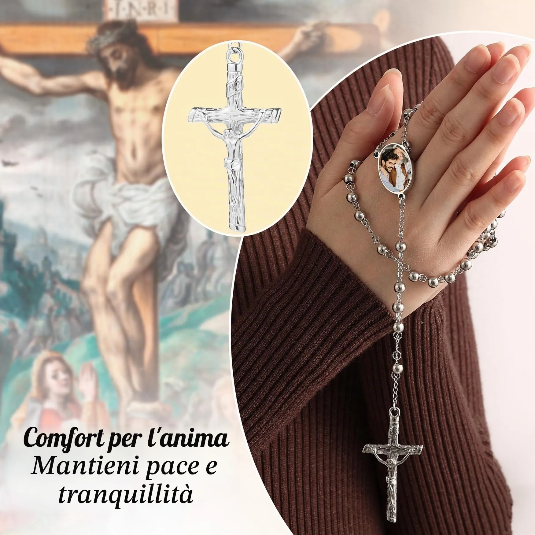 MMXX Collana Rosario Personalizzato con Foto Testo per Uomini Donne Collana Croce Cattolica Grani di Preghiera Cattolici Personalizzati Ciondolo Crocifisso Regali Religiosi - Argento - immagine 4