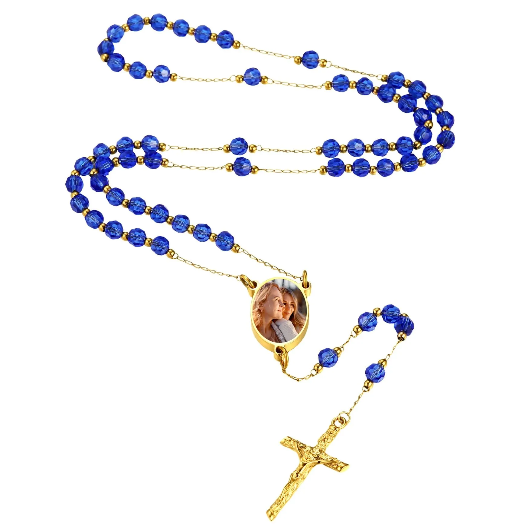 MMXX Collana Rosario Personalizzato con Foto Testo per Uomini Donne Collana Croce Cattolica Grani di Preghiera Cattolici Personalizzati Ciondolo Crocifisso Regali Religiosi - Blu - immagine 1