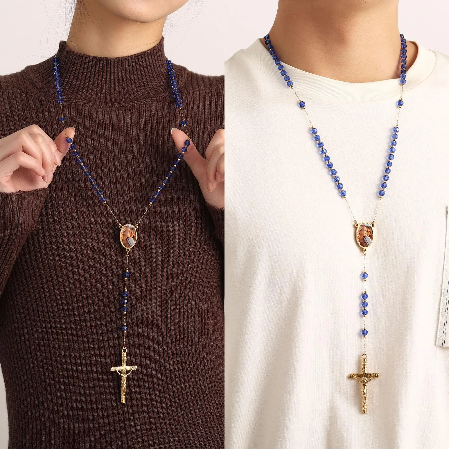 MMXX Collana Rosario Personalizzato con Foto Testo per Uomini Donne Collana Croce Cattolica Grani di Preghiera Cattolici Personalizzati Ciondolo Crocifisso Regali Religiosi - Blu - immagine 2