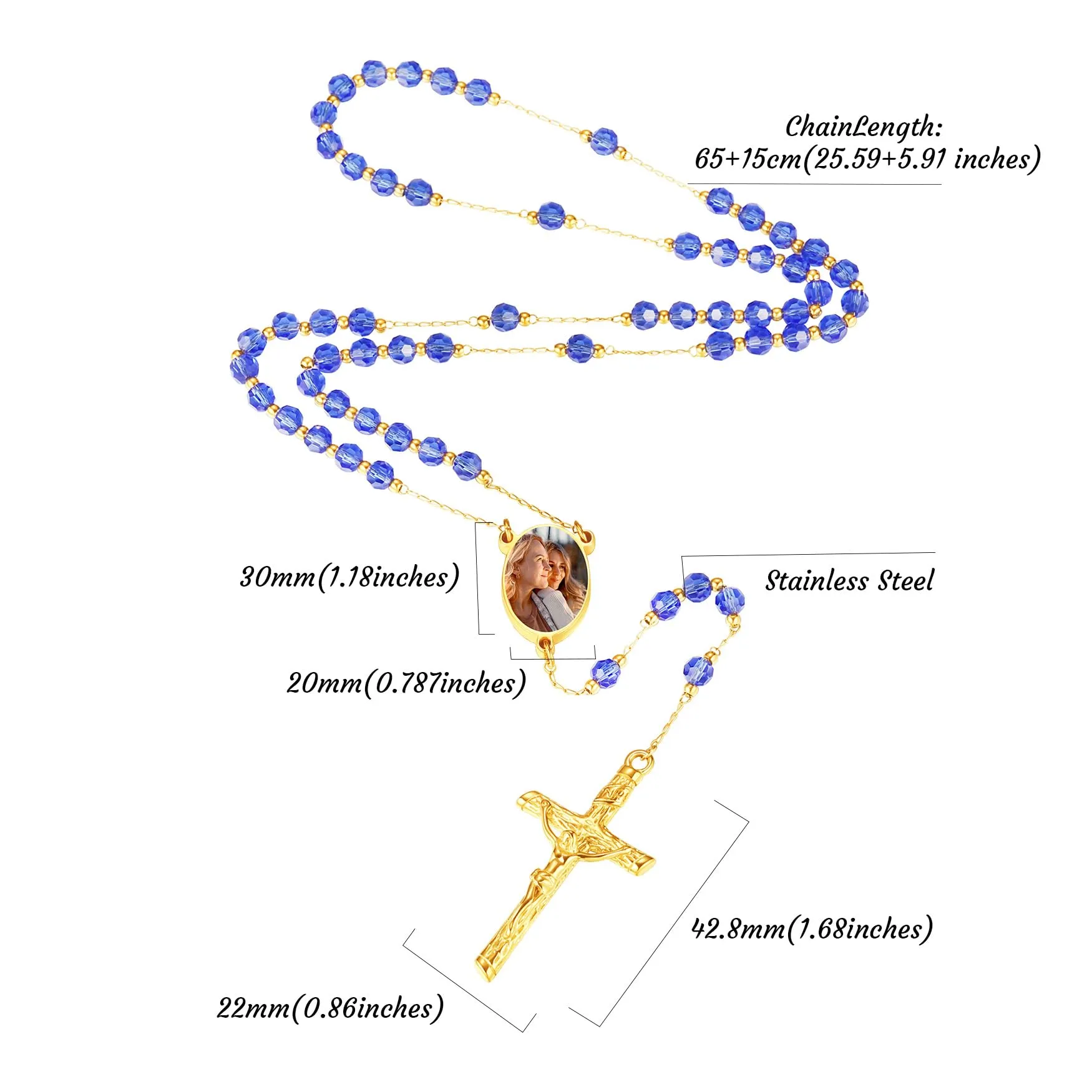 MMXX Collana Rosario Personalizzato con Foto Testo per Uomini Donne Collana Croce Cattolica Grani di Preghiera Cattolici Personalizzati Ciondolo Crocifisso Regali Religiosi - Blu - immagine 6