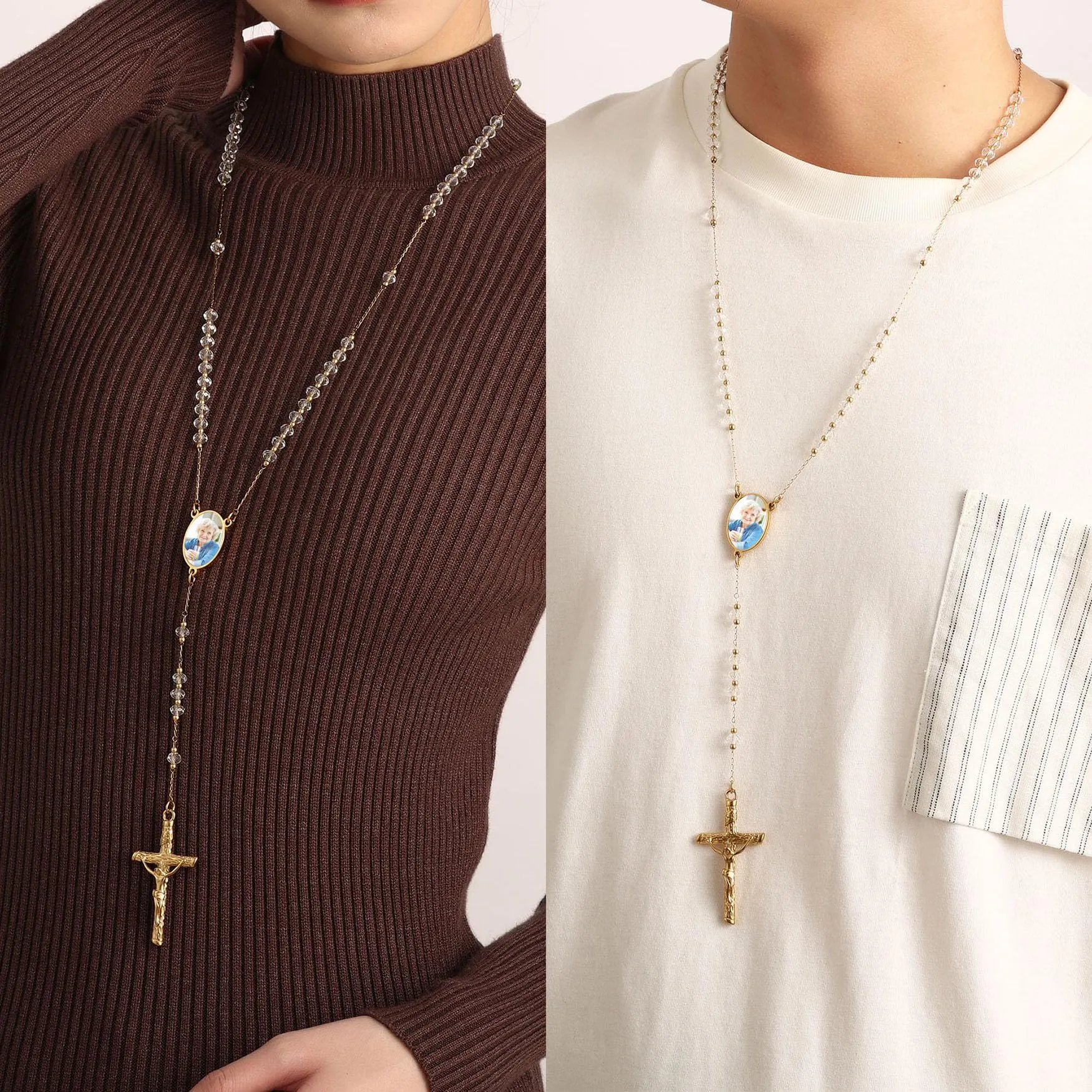 MMXX Collana Rosario Personalizzato con Foto Testo per Uomini Donne Collana Croce Cattolica Grani di Preghiera Cattolici Personalizzati Ciondolo Crocifisso Regali Religiosi - Bianca - immagine 2
