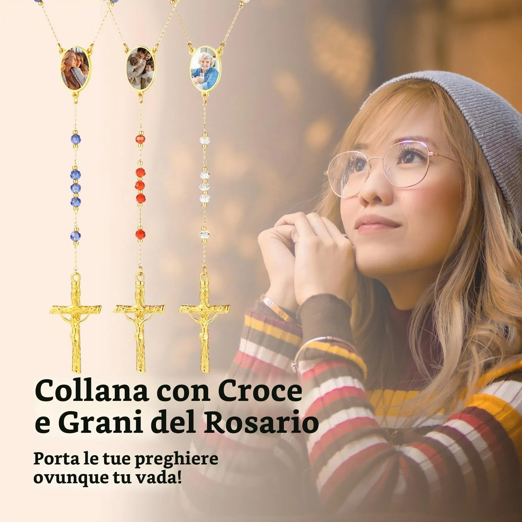 MMXX Collana Rosario Personalizzato con Foto Testo per Uomini Donne Collana Croce Cattolica Grani di Preghiera Cattolici Personalizzati Ciondolo Crocifisso Regali Religiosi - Bianca - immagine 3