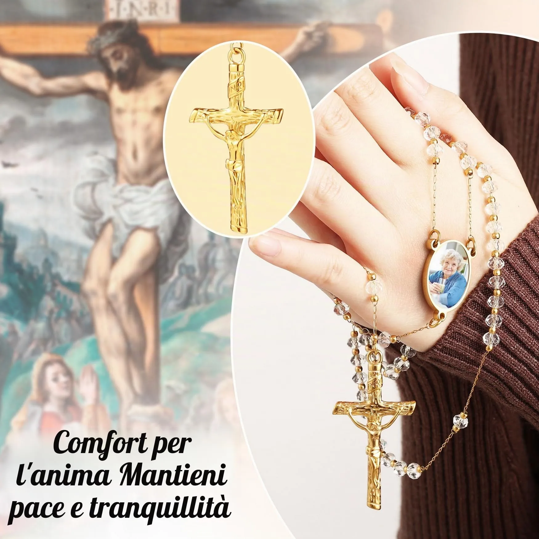 MMXX Collana Rosario Personalizzato con Foto Testo per Uomini Donne Collana Croce Cattolica Grani di Preghiera Cattolici Personalizzati Ciondolo Crocifisso Regali Religiosi - Bianca - immagine 4