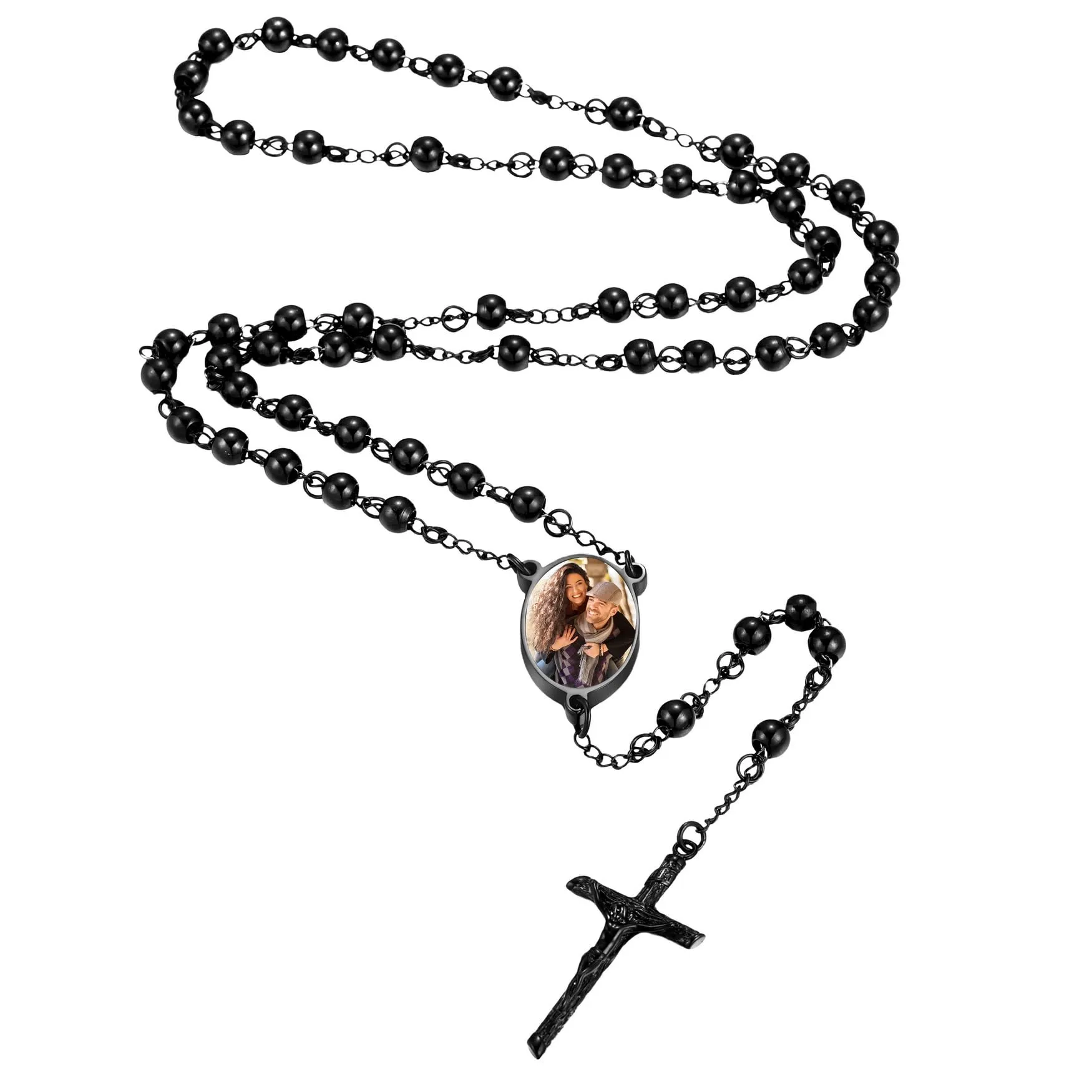 MMXX Collana Rosario Personalizzato con Foto Testo per Uomini Donne Collana Croce Cattolica Grani di Preghiera Cattolici Personalizzati Ciondolo Crocifisso Regali Religiosi - Nero - immagine 1