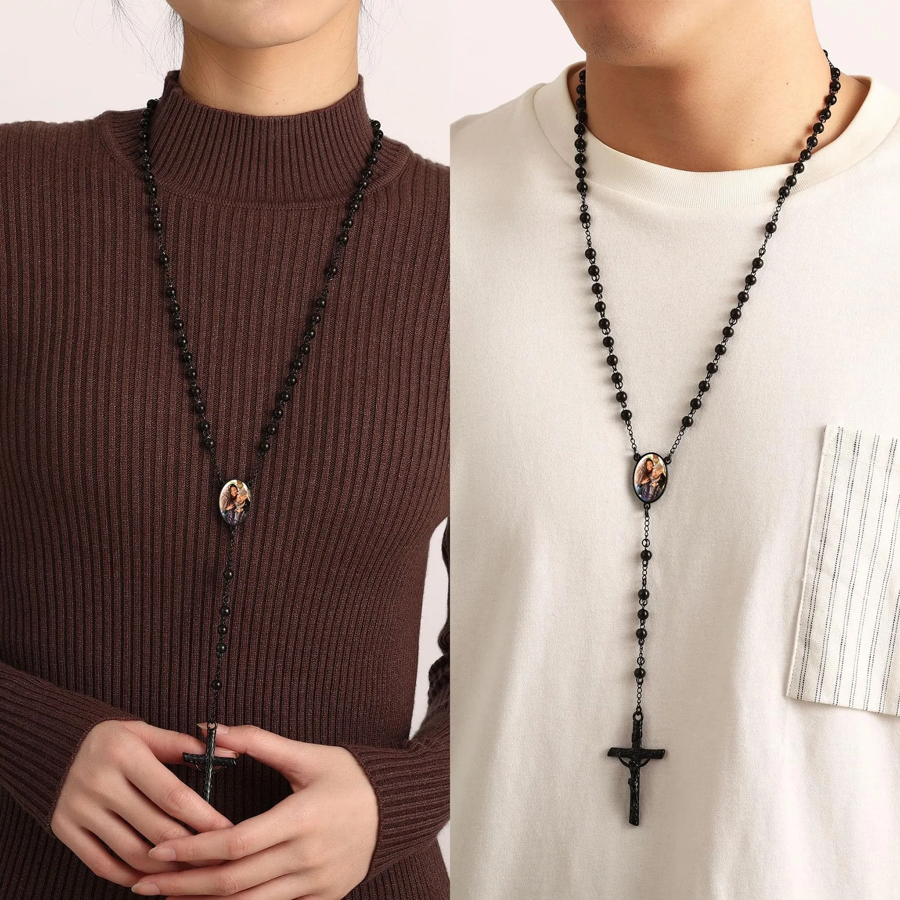 MMXX Collana Rosario Personalizzato con Foto Testo per Uomini Donne Collana Croce Cattolica Grani di Preghiera Cattolici Personalizzati Ciondolo Crocifisso Regali Religiosi - Nero - immagine 2
