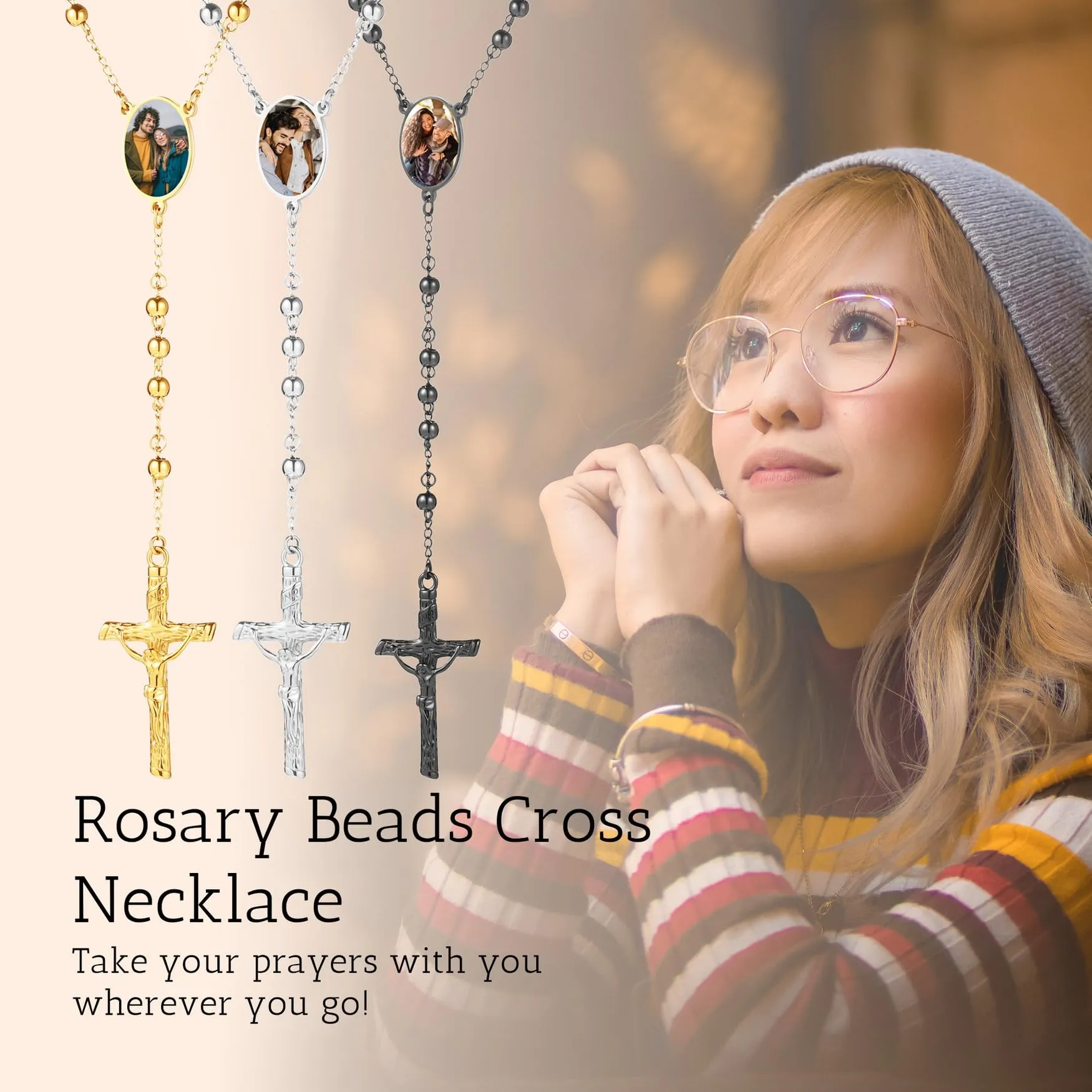 MMXX Collana Rosario Personalizzato con Foto Testo per Uomini Donne Collana Croce Cattolica Grani di Preghiera Cattolici Personalizzati Ciondolo Crocifisso Regali Religiosi - Nero - immagine 3