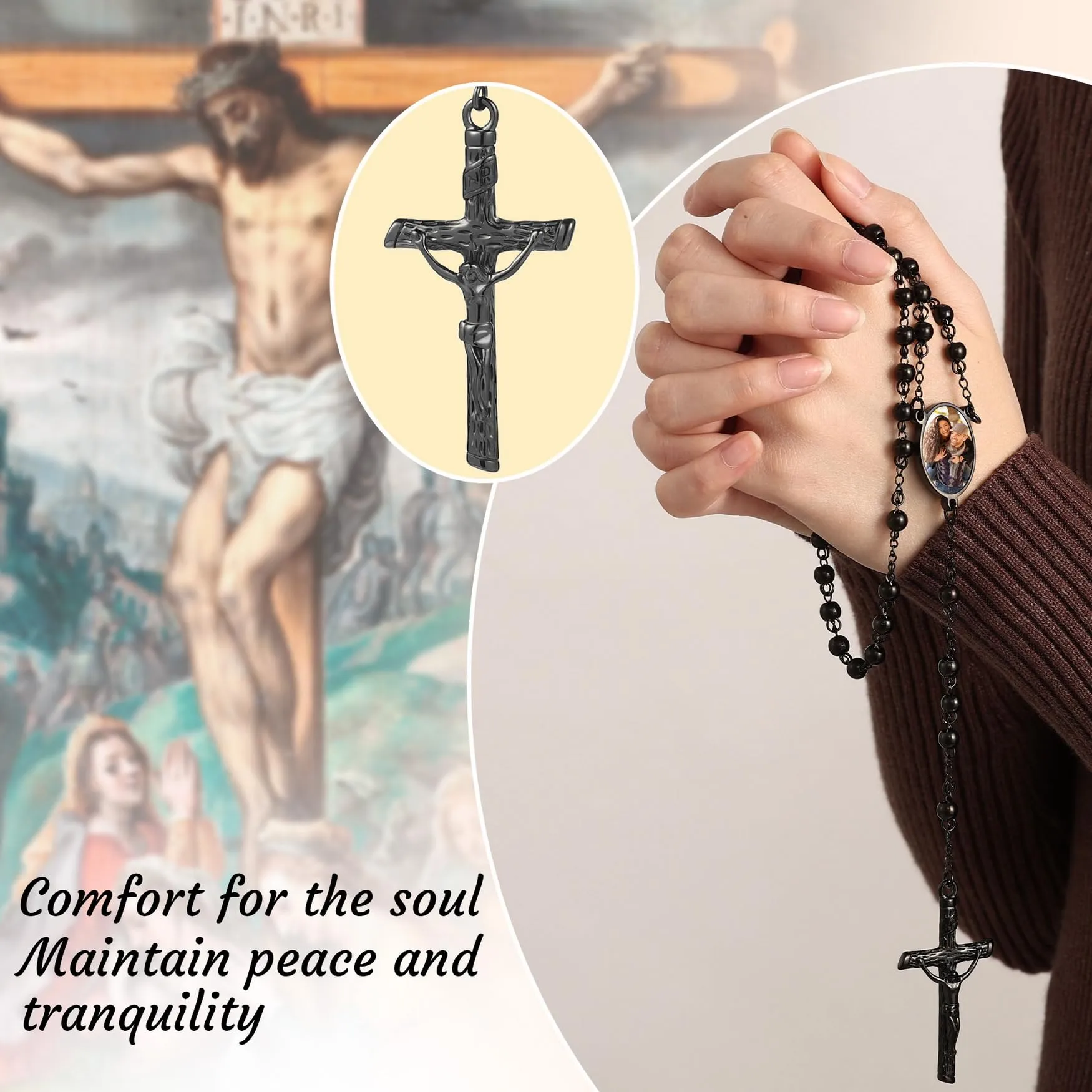 MMXX Collana Rosario Personalizzato con Foto Testo per Uomini Donne Collana Croce Cattolica Grani di Preghiera Cattolici Personalizzati Ciondolo Crocifisso Regali Religiosi - Nero - immagine 4