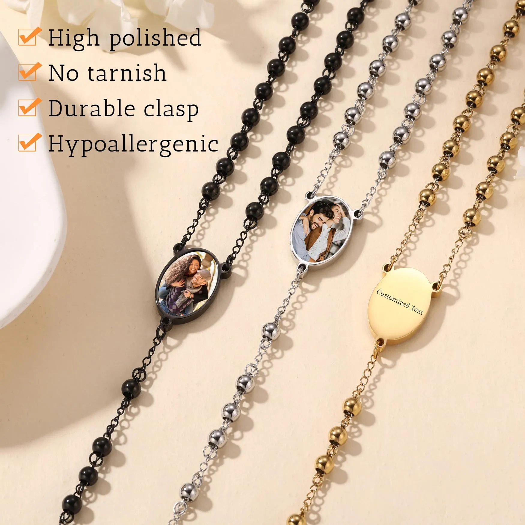 MMXX Collana Rosario Personalizzato con Foto Testo per Uomini Donne Collana Croce Cattolica Grani di Preghiera Cattolici Personalizzati Ciondolo Crocifisso Regali Religiosi - Nero - immagine 5