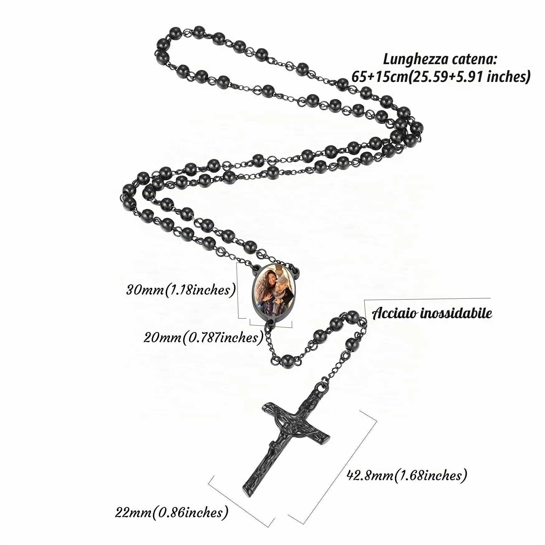 MMXX Collana Rosario Personalizzato con Foto Testo per Uomini Donne Collana Croce Cattolica Grani di Preghiera Cattolici Personalizzati Ciondolo Crocifisso Regali Religiosi - Nero - immagine 6
