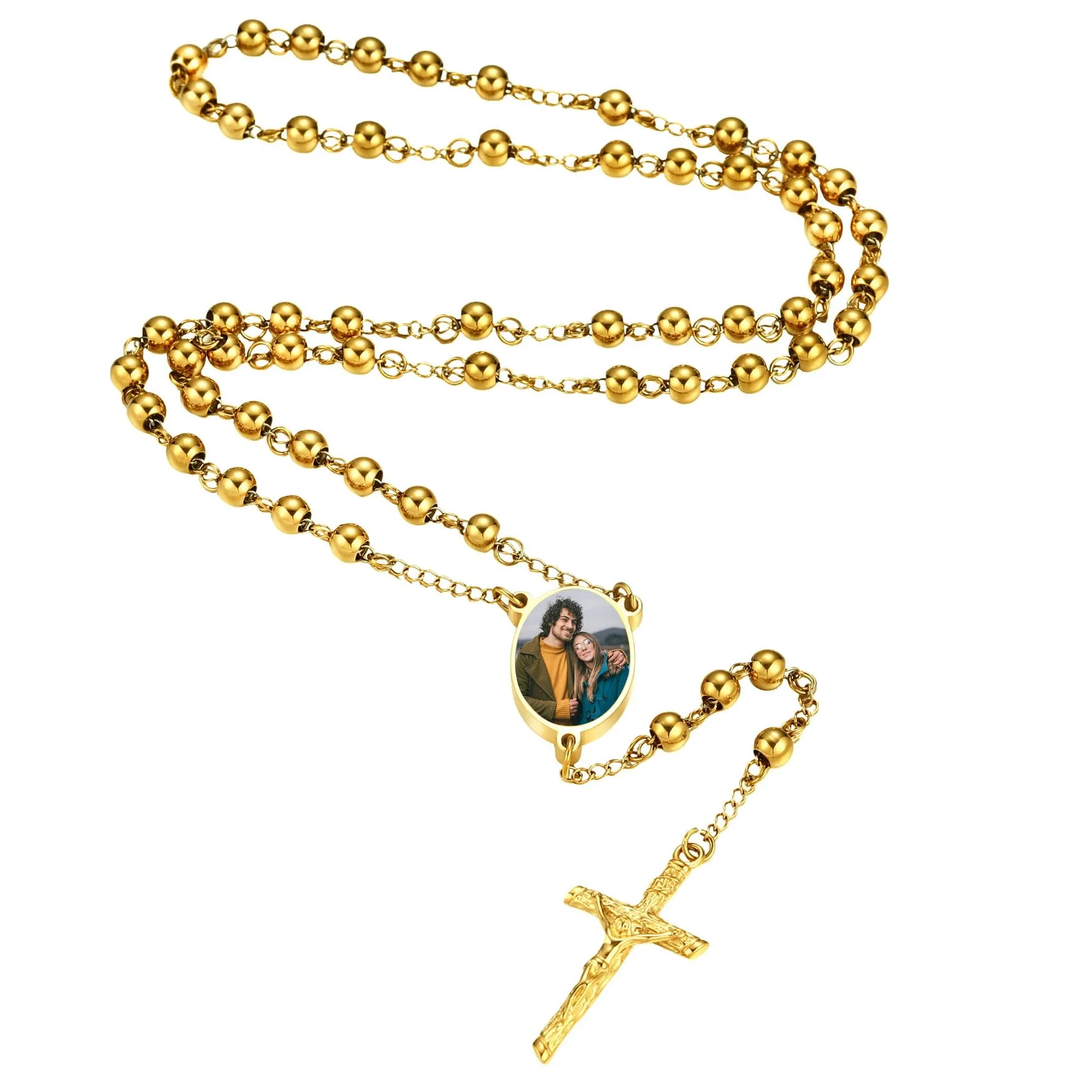 MMXX Collana Rosario Personalizzato con Foto Testo per Uomini Donne Collana Croce Cattolica Grani di Preghiera Cattolici Personalizzati Ciondolo Crocifisso Regali Religiosi - Oro - immagine 1