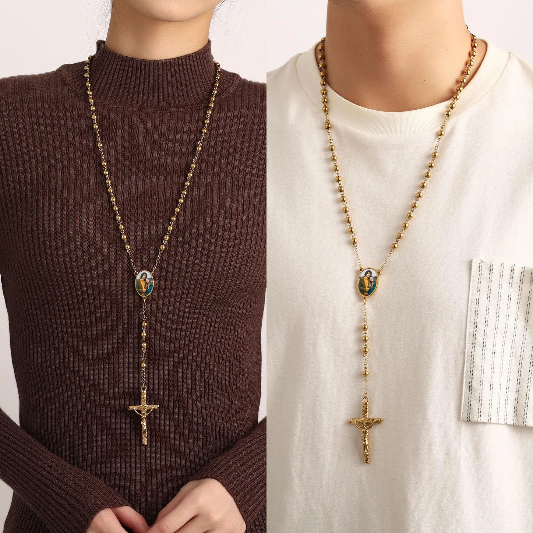 MMXX Collana Rosario Personalizzato con Foto Testo per Uomini Donne Collana Croce Cattolica Grani di Preghiera Cattolici Personalizzati Ciondolo Crocifisso Regali Religiosi - Oro - immagine 2