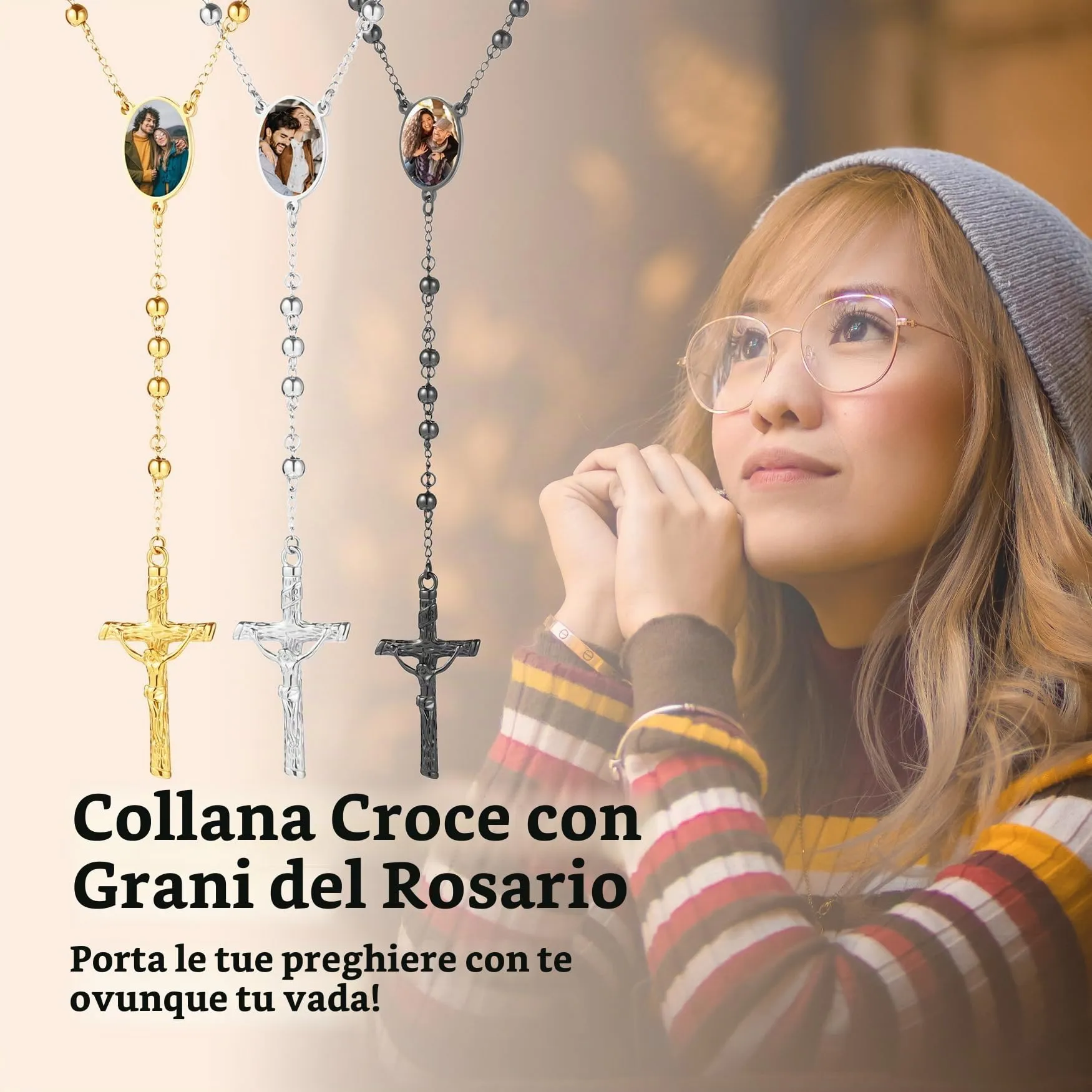 MMXX Collana Rosario Personalizzato con Foto Testo per Uomini Donne Collana Croce Cattolica Grani di Preghiera Cattolici Personalizzati Ciondolo Crocifisso Regali Religiosi - Oro - immagine 3
