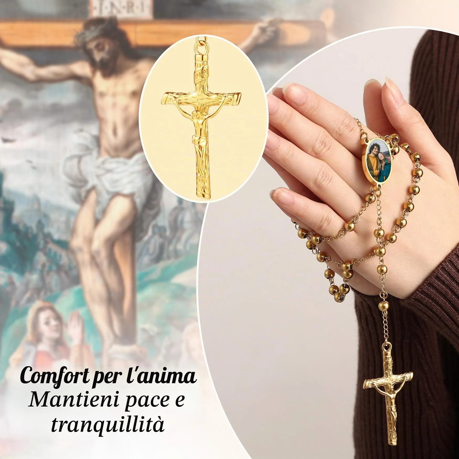MMXX Collana Rosario Personalizzato con Foto Testo per Uomini Donne Collana Croce Cattolica Grani di Preghiera Cattolici Personalizzati Ciondolo Crocifisso Regali Religiosi - Oro - immagine 4