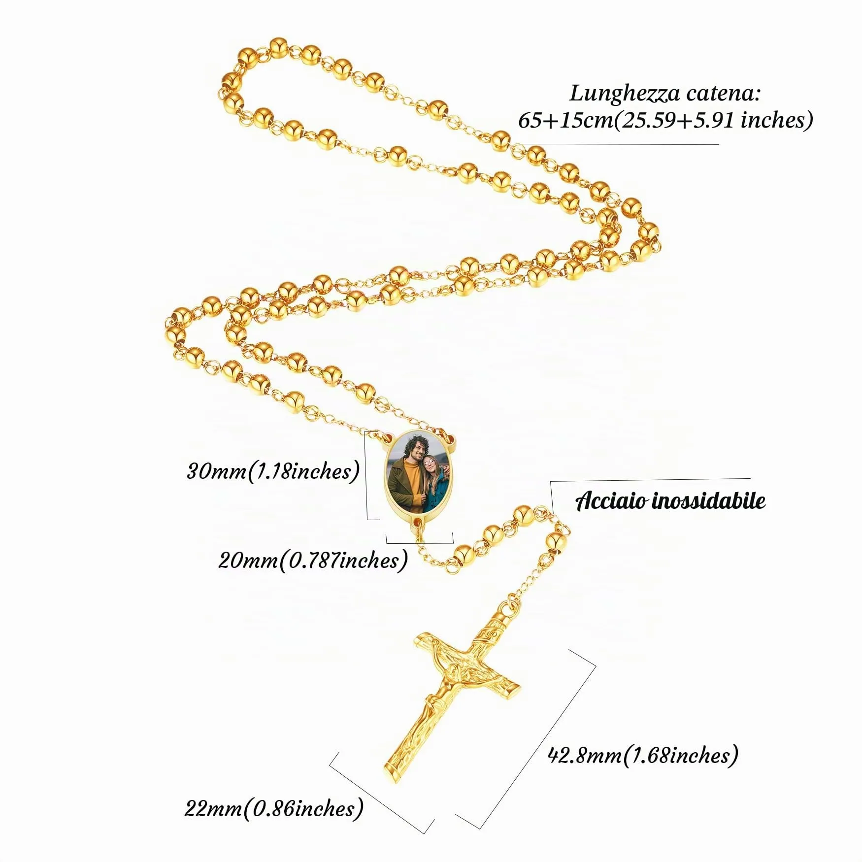 MMXX Collana Rosario Personalizzato con Foto Testo per Uomini Donne Collana Croce Cattolica Grani di Preghiera Cattolici Personalizzati Ciondolo Crocifisso Regali Religiosi - Oro - immagine 6