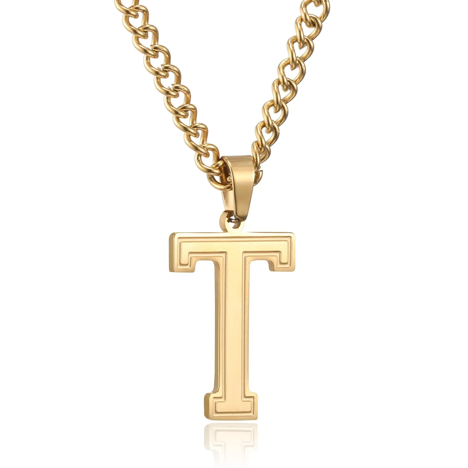 RWQIAN Collana Uomo con Lettera Ciondelli Oro Acciaio Inossidabile Iniziale Lettere T Collana Pendente 60cm Pasche Festa del Padre Anniversario Regali per Uomo Ragazzi - immagine 1