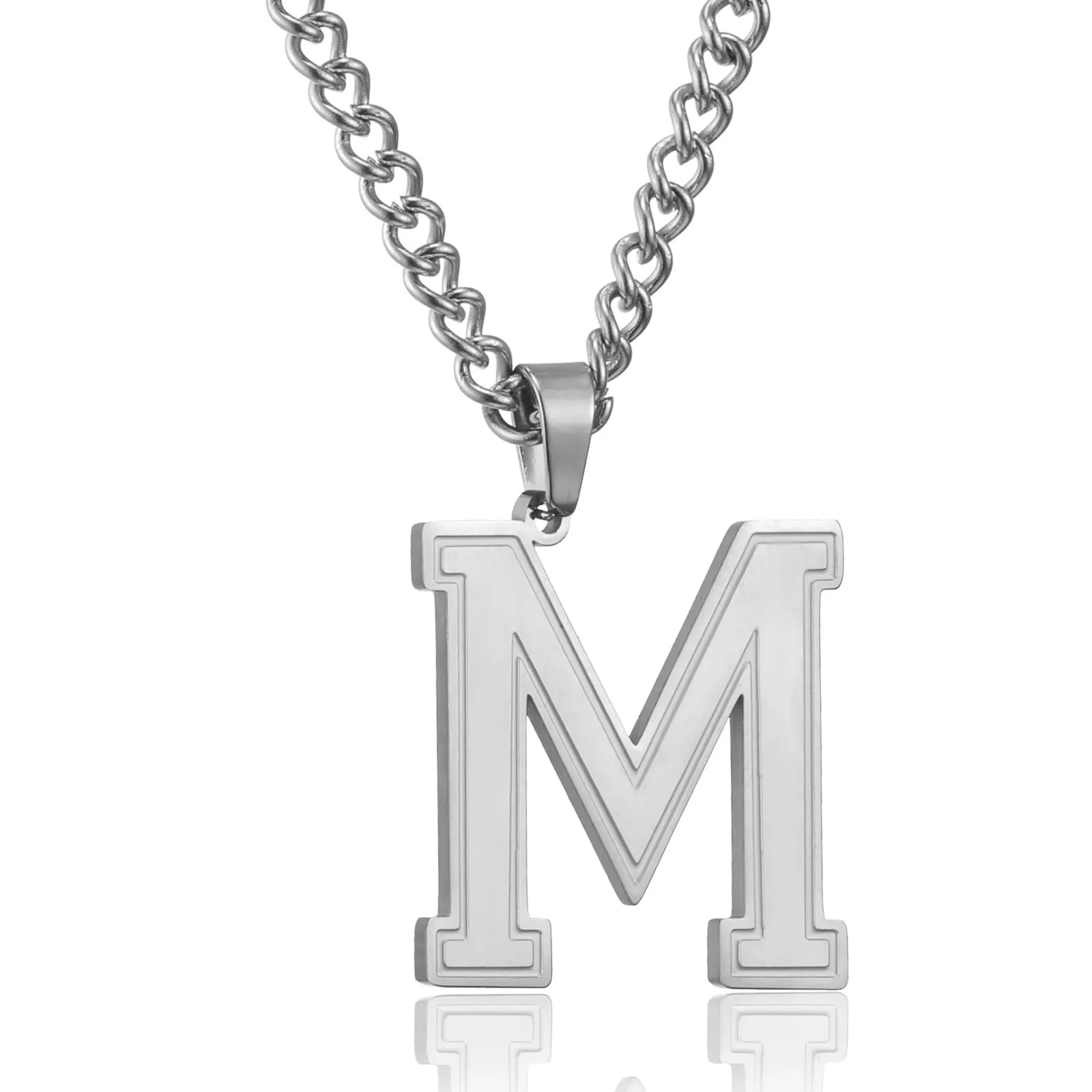 RWQIAN Collana Uomo con Lettera Ciondelli Argento Acciaio Inossidabile Iniziale Lettere M Collana Pendente 60cm Pasche Festa del Padre Anniversario Regali per Uomo Ragazzi - immagine 1