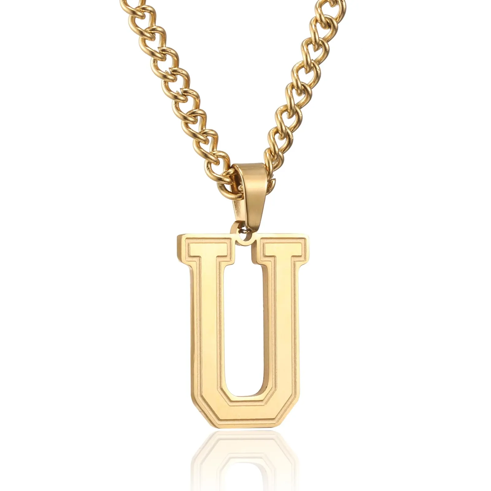 RWQIAN Collana Uomo con Lettera Ciondelli Oro Acciaio Inossidabile Iniziale Lettere U Collana Pendente 60cm Pasche Festa del Padre Anniversario Regali per Uomo Ragazzi - immagine 1