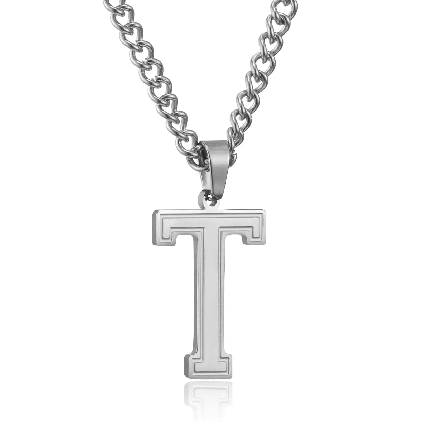 RWQIAN Collana Uomo con Lettera Ciondelli Argento Acciaio Inossidabile Iniziale Lettere T Collana Pendente 60cm Pasche Festa del Padre Anniversario Regali per Uomo Ragazzi - immagine 1