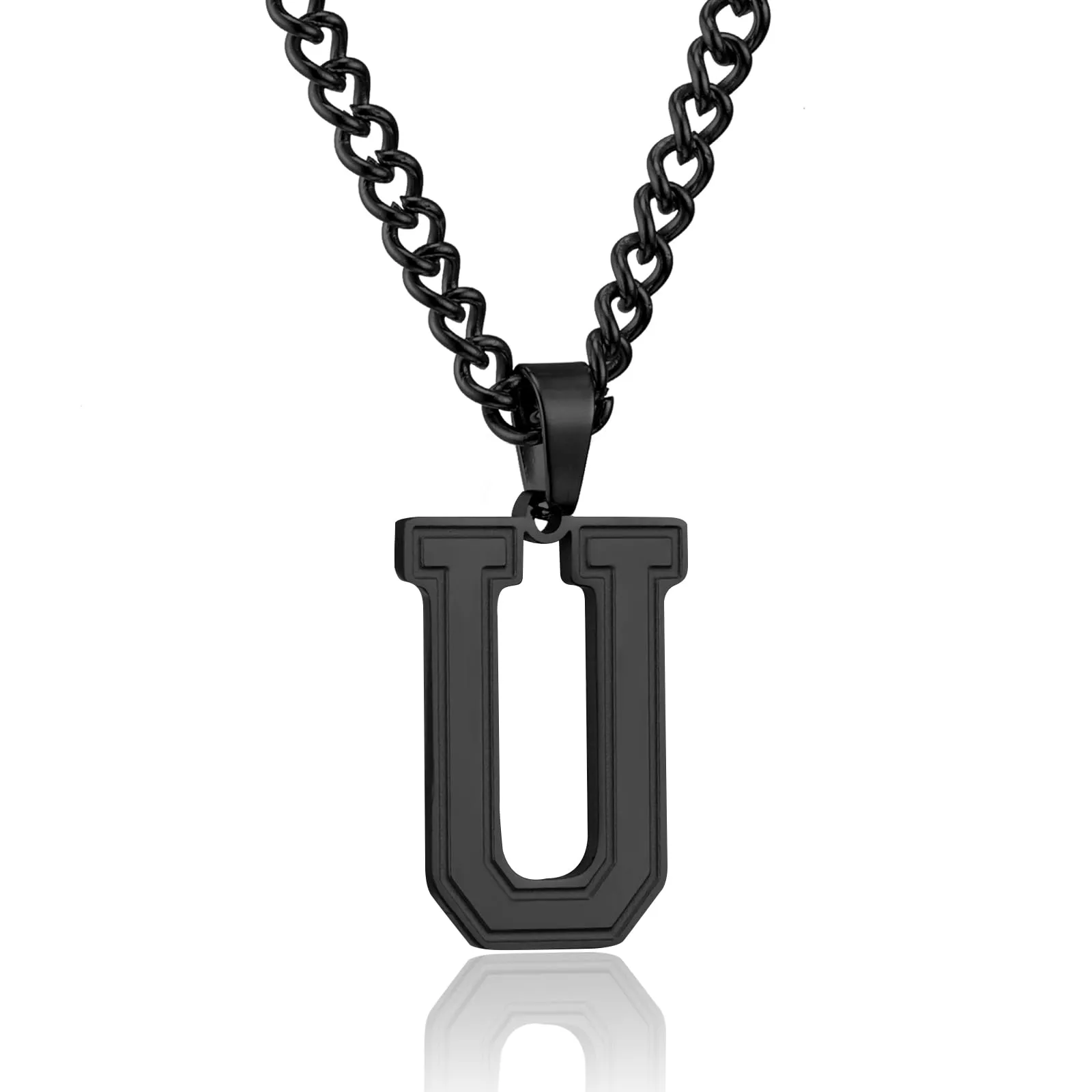 RWQIAN Collana Uomo con Lettera Ciondelli Nero Acciaio Inossidabile Iniziale Lettere U Collana Pendente 60cm Pasche Festa del Padre Anniversario Regali per Uomo Ragazzi - immagine 1