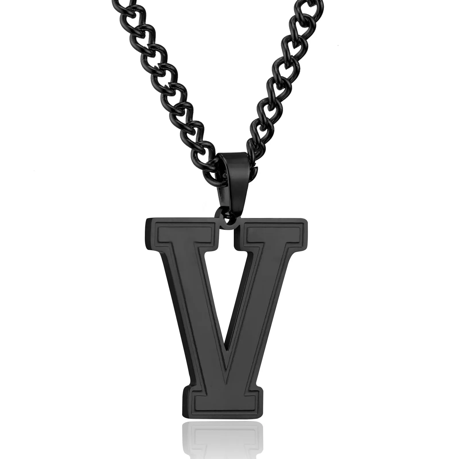RWQIAN Collana Uomo con Lettera Ciondelli Nero Acciaio Inossidabile Iniziale Lettere V Collana Pendente 60cm Pasche Festa del Padre Anniversario Regali per Uomo Ragazzi - immagine 1