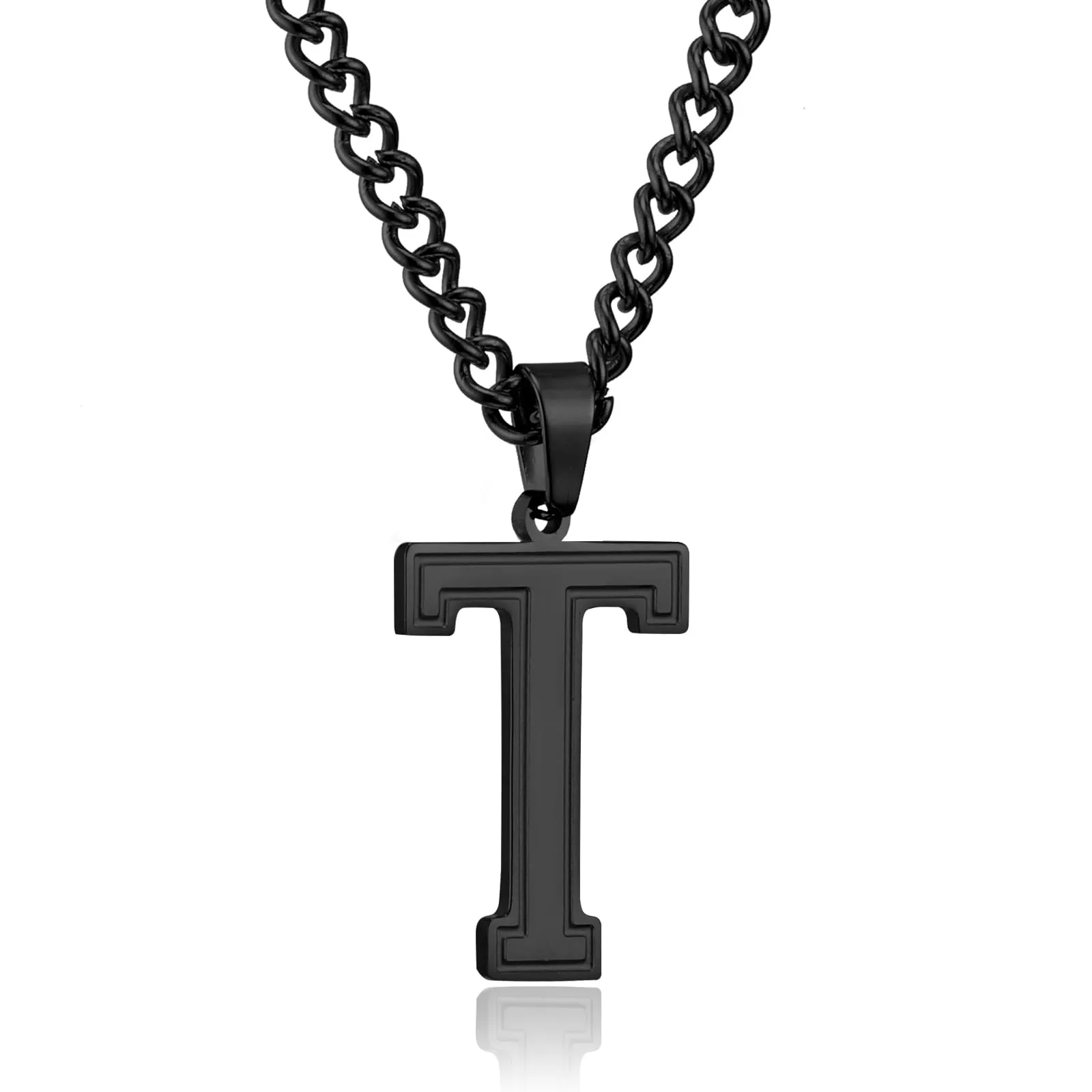 RWQIAN Collana Uomo con Lettera Ciondelli Nero Acciaio Inossidabile Iniziale Lettere T Collana Pendente 60cm Pasche Festa del Padre Anniversario Regali per Uomo Ragazzi - immagine 1