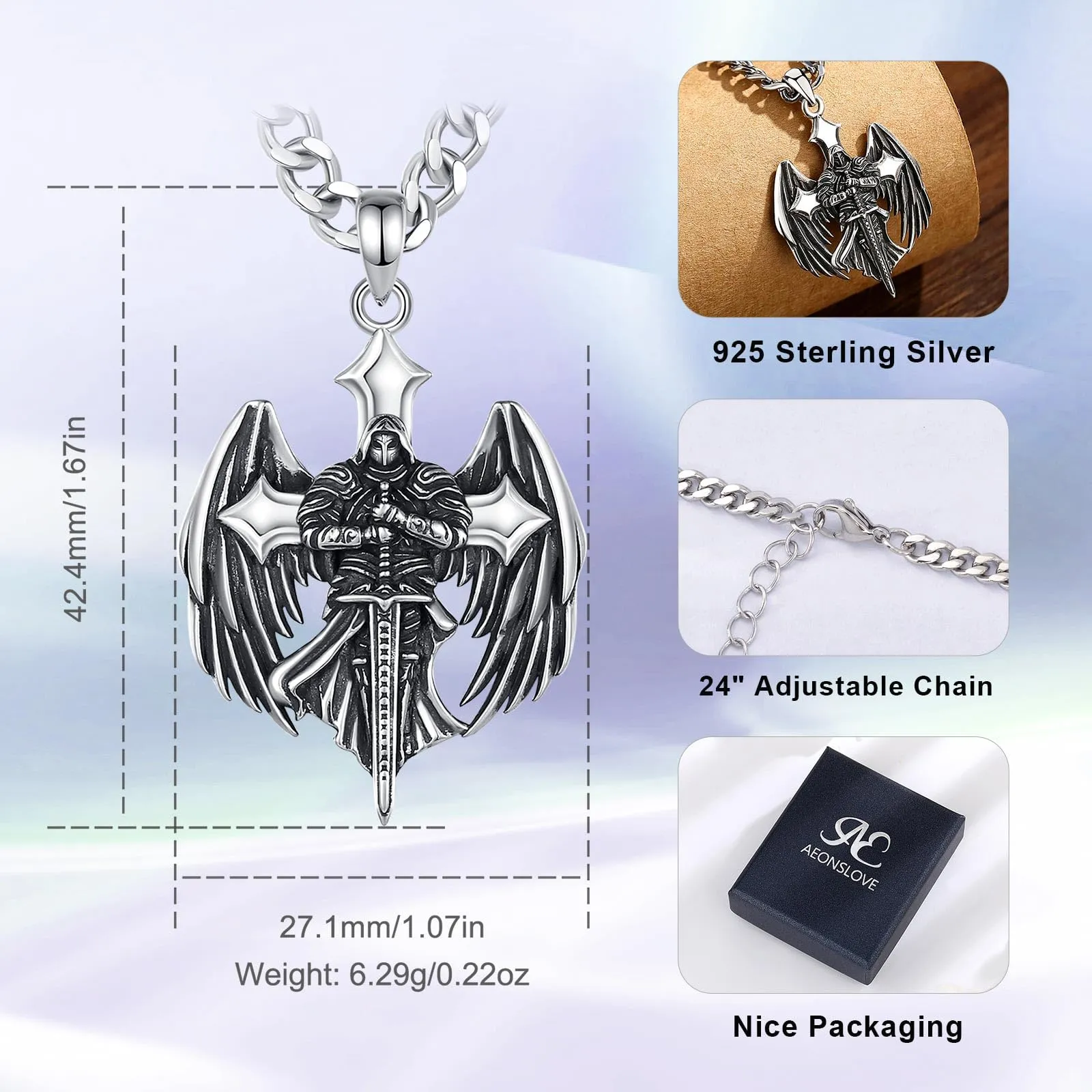 AEONSLOVE Medaglia San Michele Arcangelo Uomo Donna Collana San Michele Argento 925 Ciondolo Croce Arcangelo Religiosa Gioielli Regalo Cristiano Cattolico - immagine 4