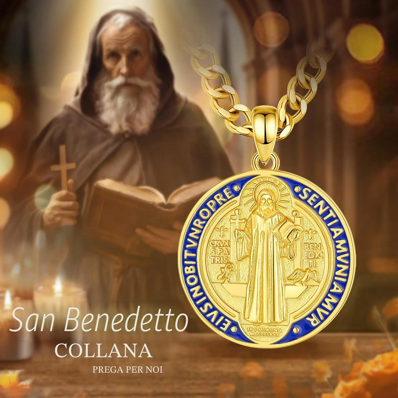 AEONSLOVE Medaglia San Benedetto Argento 925 Collana San Benedetto Uomo Donna Ciondolo Croce di San Benedetto Gioielli Cattolico Cristiani Regalo Religiosi (oro) - immagine 4