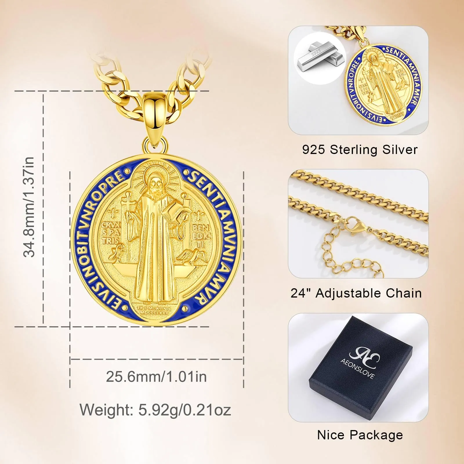 AEONSLOVE Medaglia San Benedetto Argento 925 Collana San Benedetto Uomo Donna Ciondolo Croce di San Benedetto Gioielli Cattolico Cristiani Regalo Religiosi (oro) - immagine 7