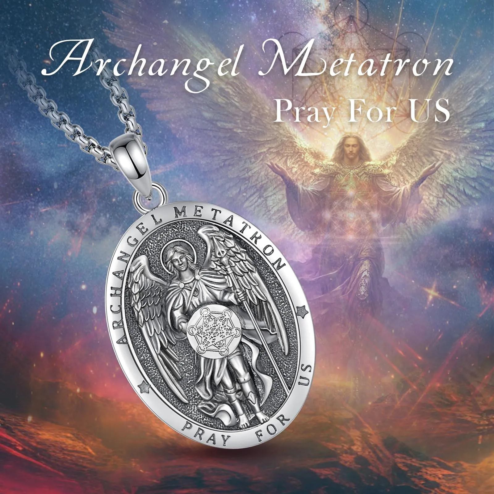 AEONSLOVE Collana Metatron Uomo Donna Medaglia Cubo di Metatron Arcangelo Argento 925 Ciondolo Geometria Sacra Gioielli Religiosa Regalo Cristiano Cattolico - immagine 7