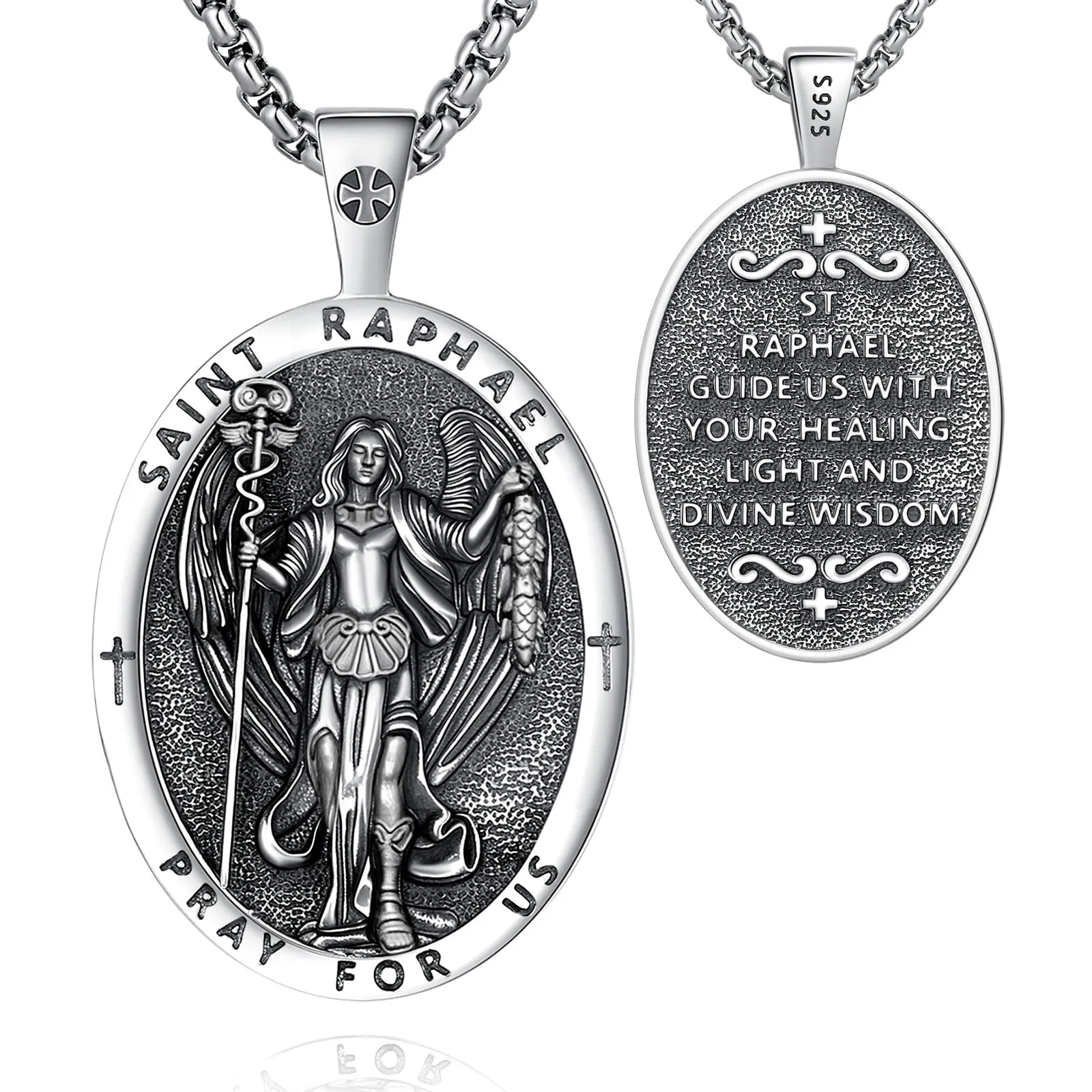AEONSLOVE Collana San Raffaello Uomo Donna Medaglia San Raffaello Argento 925 Ciondolo Raffaele Arcangelo Gioielli Religiosa Regalo Cristiano Cattolico - immagine 1