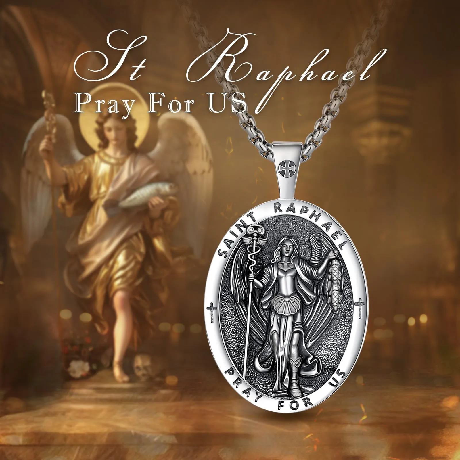 AEONSLOVE Collana San Raffaello Uomo Donna Medaglia San Raffaello Argento 925 Ciondolo Raffaele Arcangelo Gioielli Religiosa Regalo Cristiano Cattolico - immagine 7