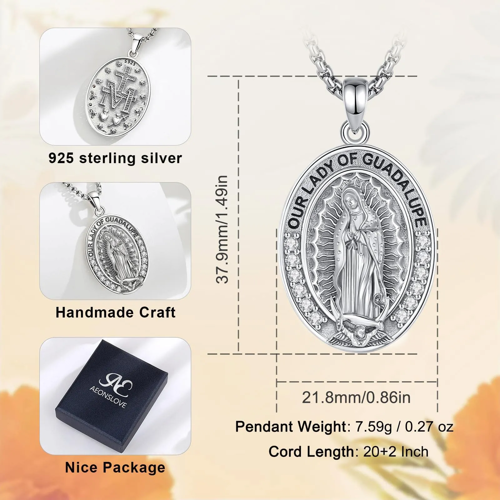 AEONSLOVE Collana Vergine Maria Donna Uomo Medaglia Miracolosa Argento 925 Ciondolo Madonna Delle Grazie Gioielli Cristiano Cattolico - immagine 4