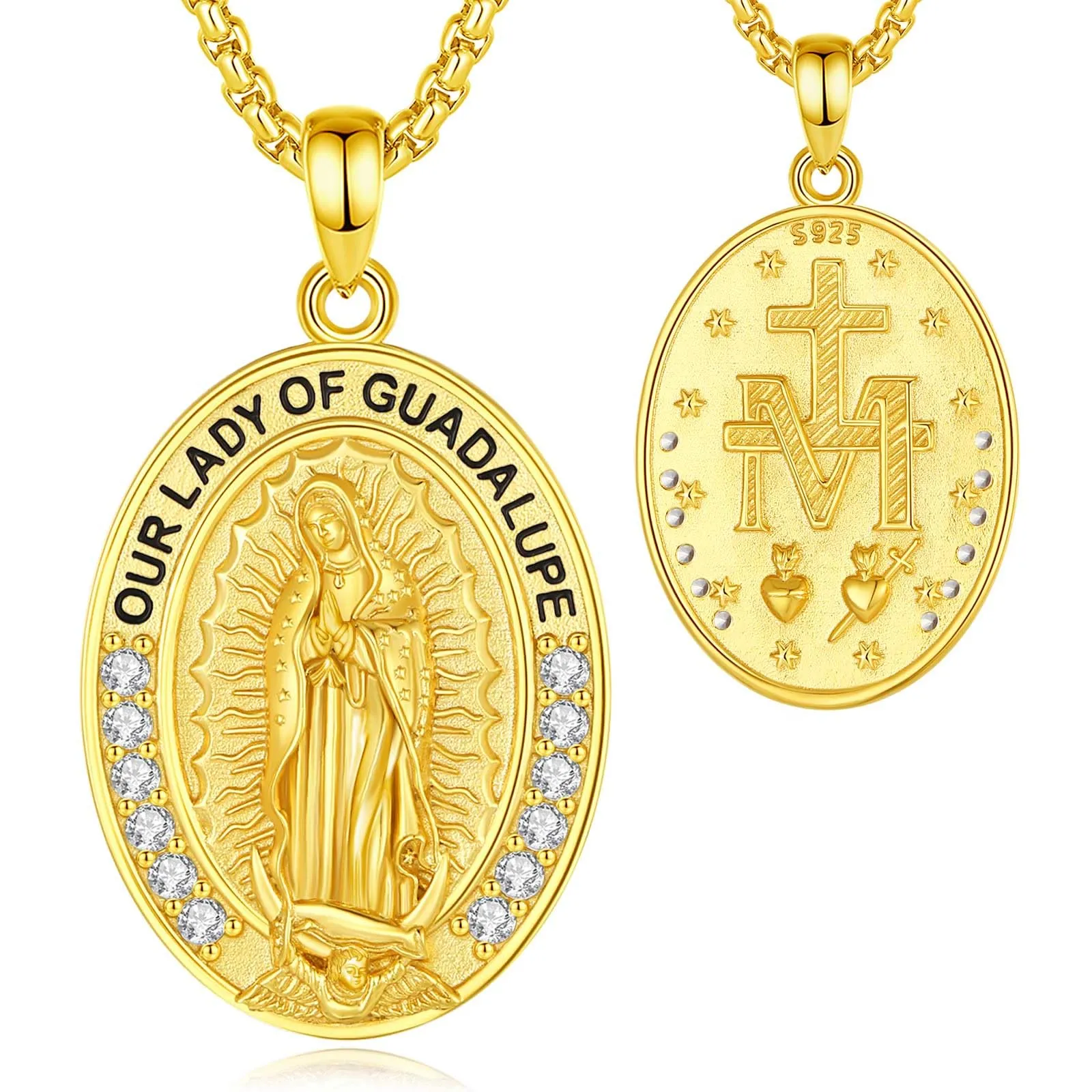 AEONSLOVE Collana Vergine Maria Donna Uomo Medaglia Miracolosa Argento 925 Ciondolo Madonna Delle Grazie Gioielli Cristiano Cattolico (d'oro) - immagine 1