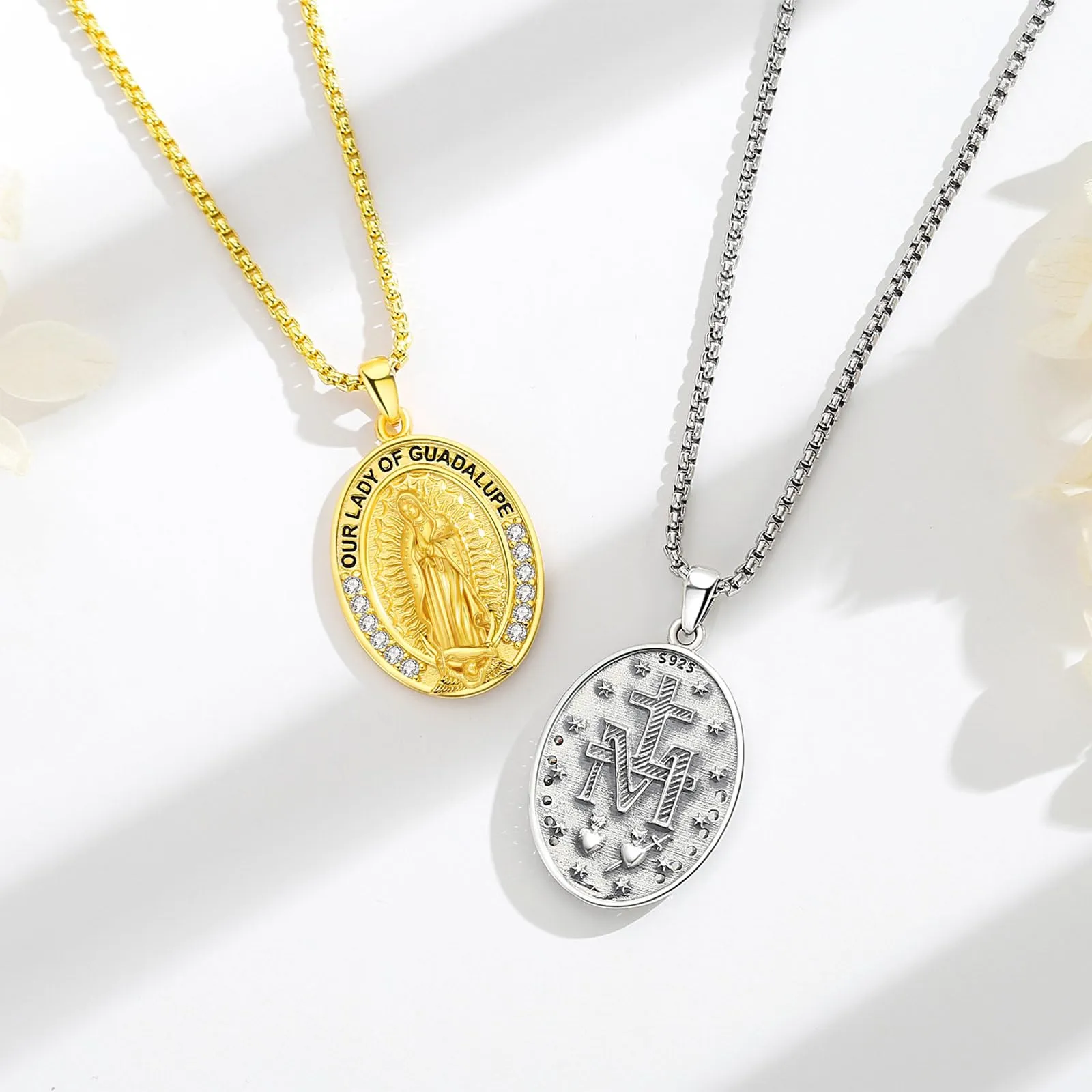 AEONSLOVE Collana Vergine Maria Donna Uomo Medaglia Miracolosa Argento 925 Ciondolo Madonna Delle Grazie Gioielli Cristiano Cattolico (d'oro) - immagine 3