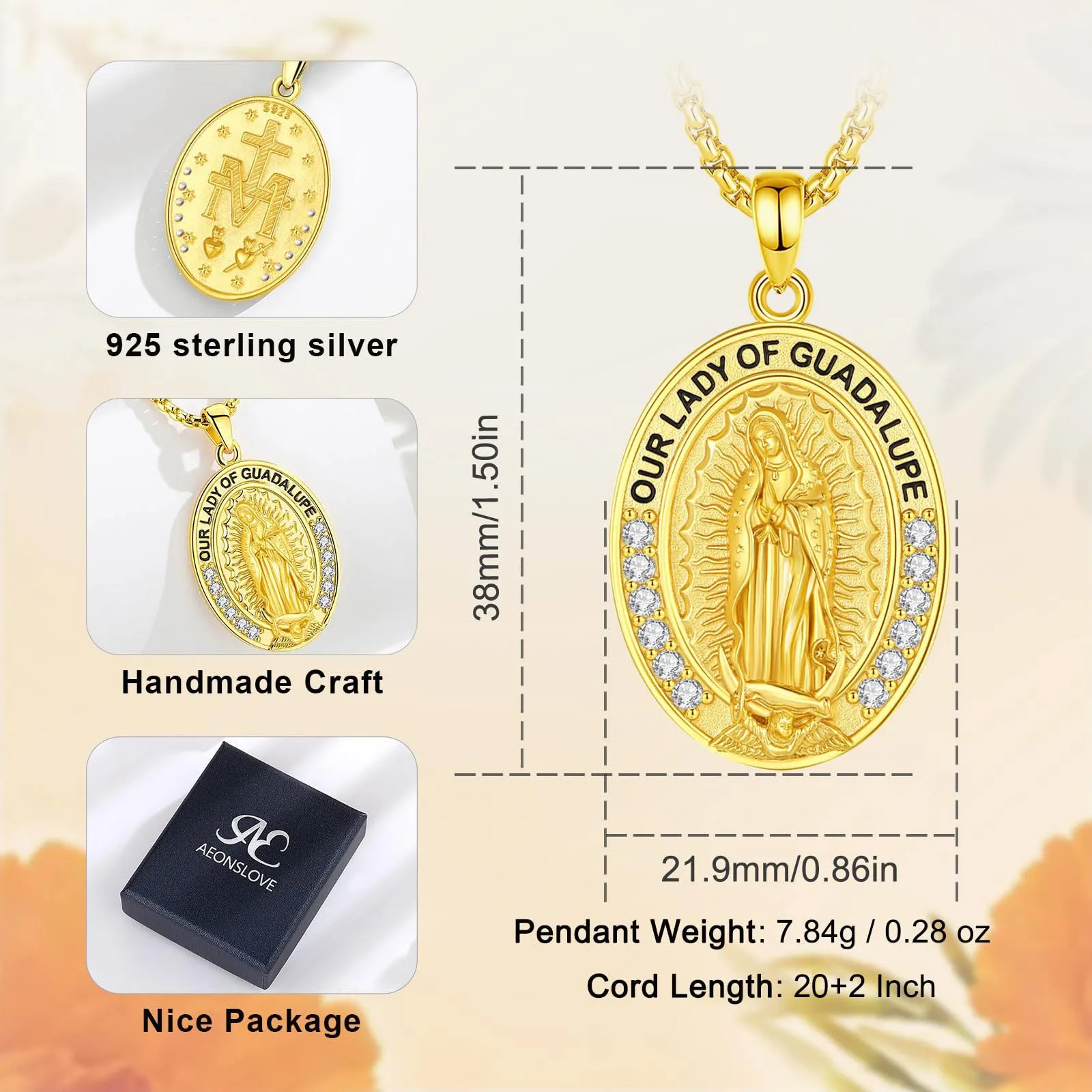 AEONSLOVE Collana Vergine Maria Donna Uomo Medaglia Miracolosa Argento 925 Ciondolo Madonna Delle Grazie Gioielli Cristiano Cattolico (d'oro) - immagine 4
