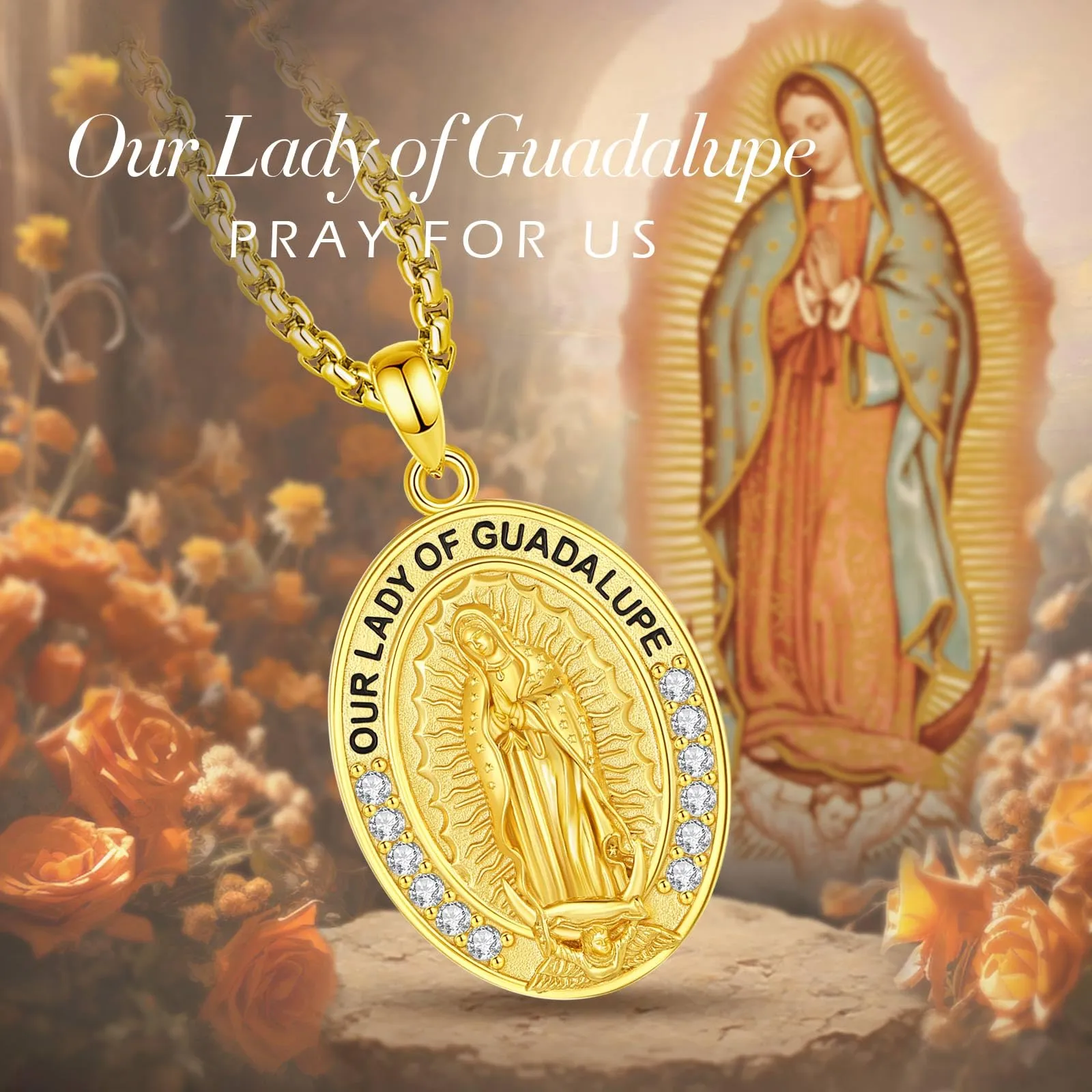 AEONSLOVE Collana Vergine Maria Donna Uomo Medaglia Miracolosa Argento 925 Ciondolo Madonna Delle Grazie Gioielli Cristiano Cattolico (d'oro) - immagine 7